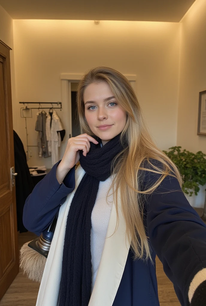 Selfie of 30 years old slim woman with long blond hair and blue-grey eyes and small breasts, , adjusting her scarf. She is wearing a navy white coat and holding a thermos in one hand. The background shows a stylish entryway with a coat rack and a potted plant. The photo is taken from a slightly tilted angle at arm’s length, with soft indoor lighting enhancing the warm tones.