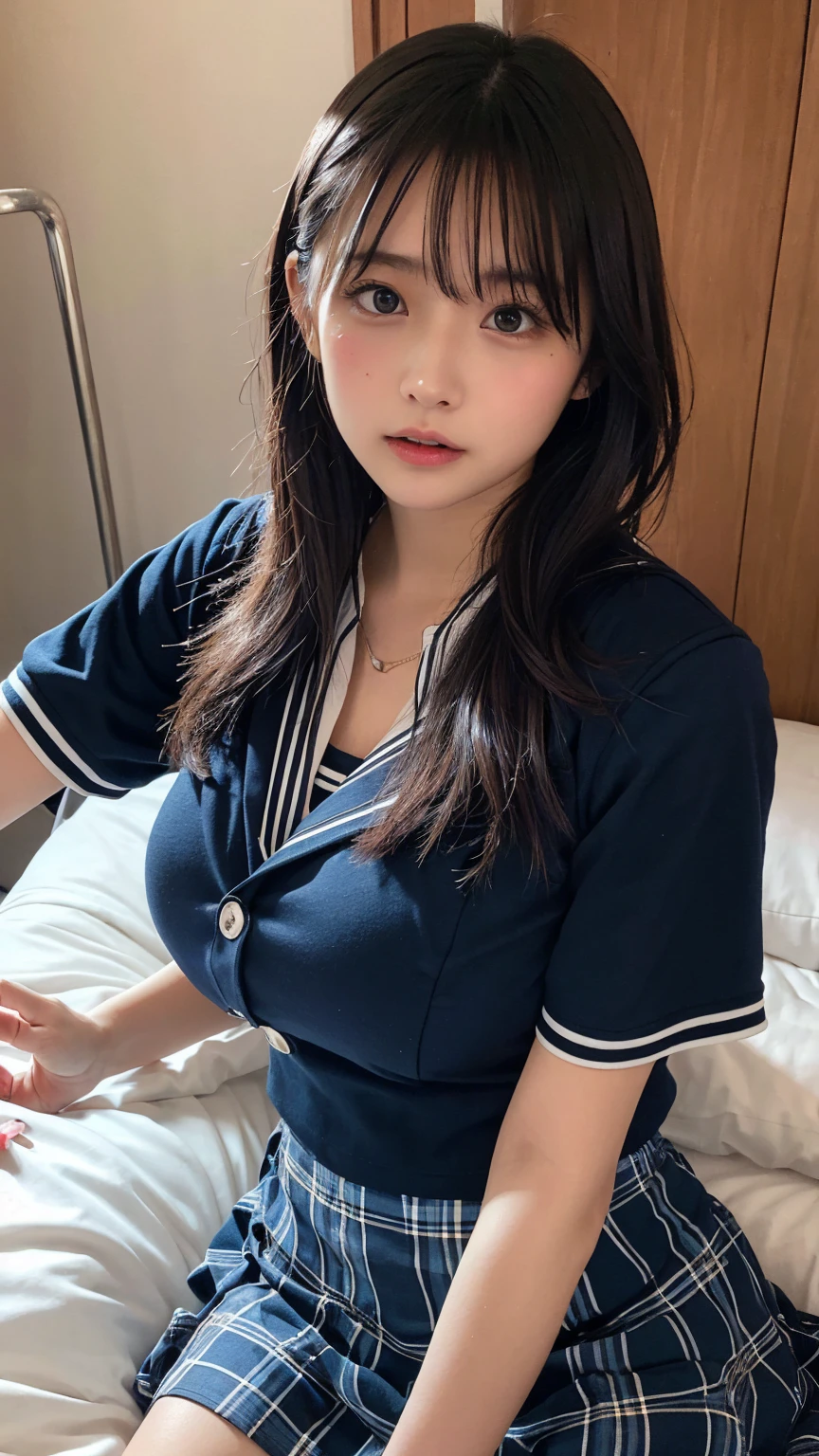 masterpiece, Best Quality, 8K, 20 yo, huge breasts, cuddly, Solo, sad, Cute, Girly, Delicate girl, Neat and clean beauty, Raw photo, Professional Photography, Portrait, Soft light, Professional Lighting, Back lighting, Upper body, front view, Sophisticated, Film grain, (Eyes and faces with detailed:1.0), short length floating hair, beautiful flowing hair, bangs, nurse uniform, Nurse hat, leaning against the door