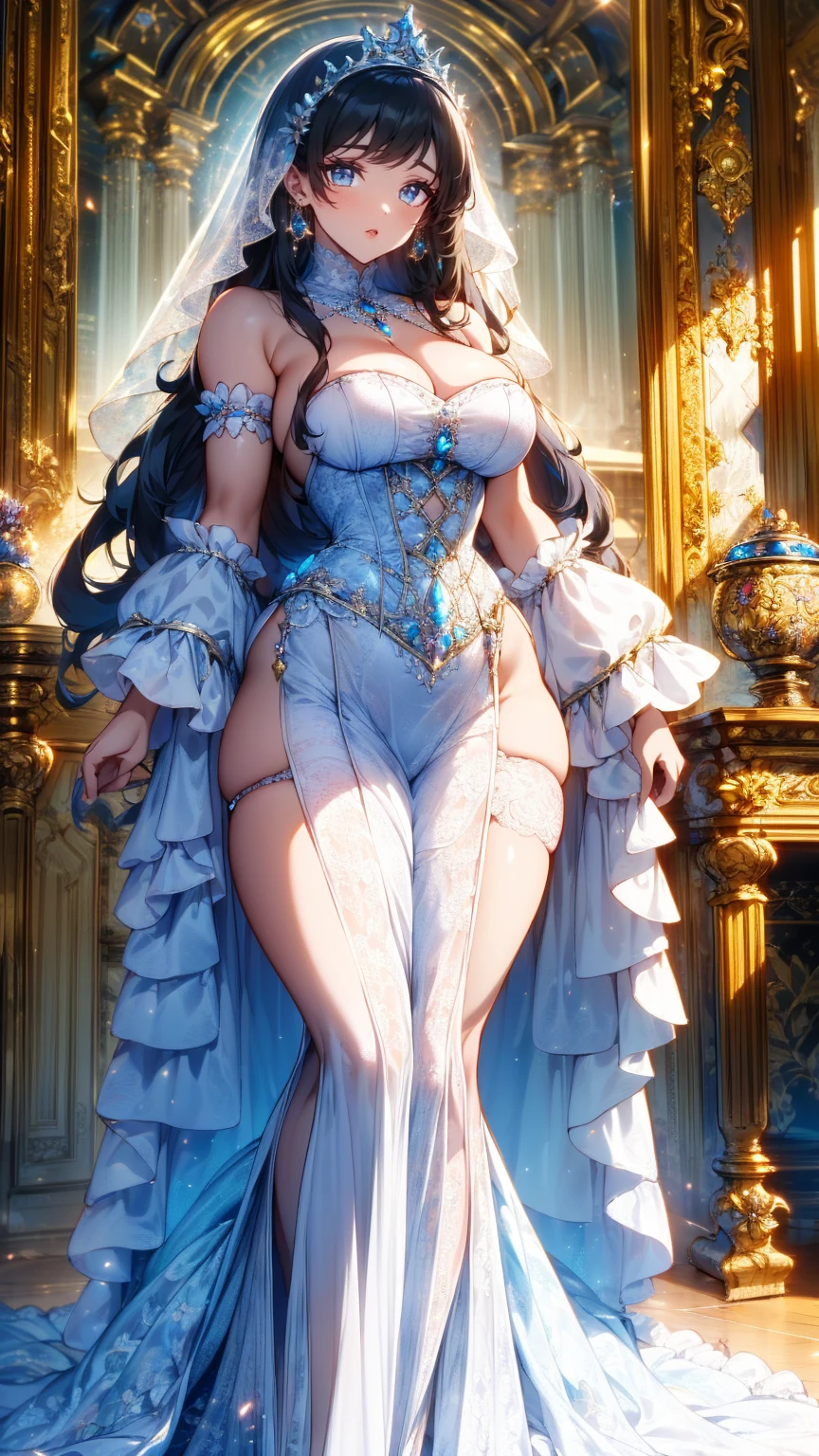 ( ULTRA DETAIL), ( best quality ), ( high definition),  1 girl, (((1 princess in  Gorgeous Princess Rococo Victorian Gown with Voluminous Hoop Skirt ))),   a very rococo royal princess gown with beautiful embroidery and very rococo jewels  , Gorgeous embroidery and beautiful lace,  sheer lace , Big Breasts,  super detailed skin, (((  Solo Youngface Princess standing in a palace  ))),  Luxurious Ruffle Gown  , 
 break 
Fluffy shiny hair  , (( super voluminous long hair )), Curly Hair, (((  asymmetrical bangs  ))), Beautiful jeweled tiara,   crystal earrings ,  beautiful eyes, Faint lips,  gentle and beautiful face ,  detailed face and eyes , Long veil, (((  anatomically accurate hand ))),  Skin Transformation, 
  Blake 
 , Front View,  stare at the viewer,   Full Body Portrait, ( depth of field),  caustics ,  Cinematic Lights, ( Moe anime art style :1.3), ( beautiful background), (( Gorgeous Princess Rococo Victorian Gown with Voluminous Hoop Skirt )), 