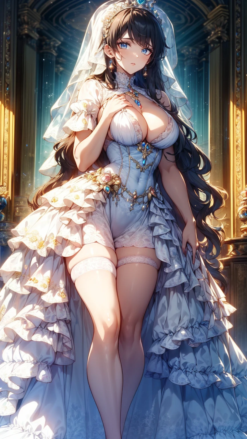 ( ULTRA DETAIL), ( best quality ), ( high definition),  1 girl, (((1 princess in  Gorgeous Princess Rococo Victorian Gown with Voluminous Hoop Skirt ))),   a very rococo royal princess gown with beautiful embroidery and very rococo jewels  , Gorgeous embroidery and beautiful lace,  sheer lace , Big Breasts,  super detailed skin, (((  Solo Youngface Princess standing in a palace  ))),  Luxurious Ruffle Gown  , 
 break 
Fluffy shiny hair  , (( super voluminous long hair )), Curly Hair, (((  asymmetrical bangs  ))), Beautiful jeweled tiara,   crystal earrings ,  beautiful eyes, Faint lips,  gentle and beautiful face ,  detailed face and eyes , Long veil, (((  anatomically accurate hand ))),  Skin Transformation, 
  Blake 
 , Front View,  stare at the viewer,   Full Body Portrait, ( depth of field),  caustics ,  Cinematic Lights, ( Moe anime art style :1.3), ( beautiful background), (( Gorgeous Princess Rococo Victorian Gown with Voluminous Hoop Skirt )), 