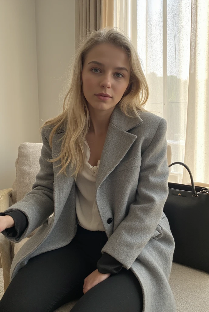 Selfie of 30 years old slim woman with long blond hair and blue-grey eyes and small breasts, sitting on the chair while putting on elegant black ankle boots. She’s wearing a grey wool coat draped over her shoulders, and a leather bag is placed next to her. The room has a minimalistic design, and the morning sunlight filters through sheer curtains. The photo is taken from a slightly lower angle at arm’s length.