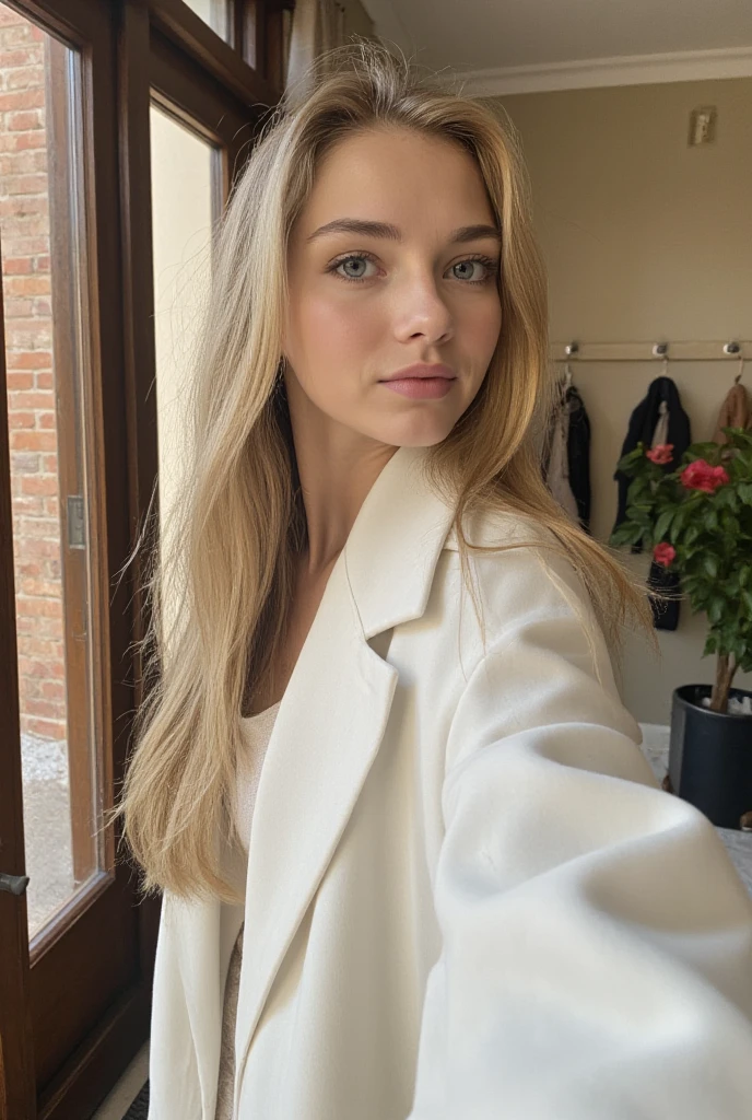 Selfie of 30 years old slim woman with long blond hair and blue-grey eyes and small breasts.She is wearing a  white coat . The background shows a stylish entryway with a coat rack and a potted plant. The photo is taken from a slightly tilted angle at arm’s length, with soft indoor lighting enhancing the warm tones.