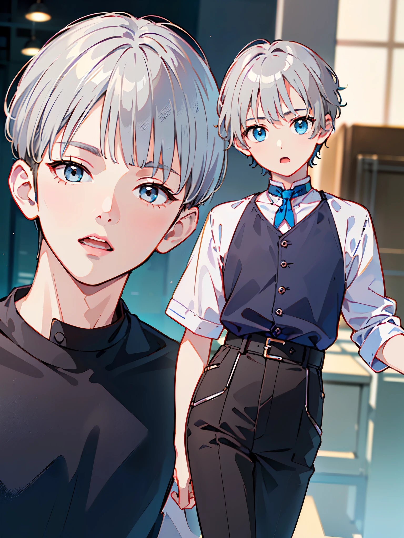 8k、 best quality 、masterpiece:1.2)、( realistic、 super detailed 、 super A high resolution、 short hair、(( Silver Hair、 boys、 boy、、))、 beautifully detailed face 、narrow、( Slim Waist ) :1.3)、Boys' school uniform、 beautiful detail skin 、 skin texture 、 floating hair in front of car、 professional lights 、Hokkaido、black rimmed square glasses、 Human body、