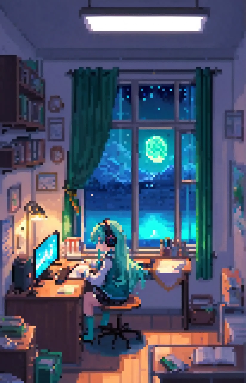 Pixel art， and the girl studying ，nightに勉強，night景（1.2）， Long Hair ， Hatsune Miku ，， facing her desk with headphones on，A dark green curtain on the window showing a desk ，（Pencil and notebook on desk ， she's writing in a notebook ），I'm facing the desk with a small water tank （0.7），　night， windows are open，窓には濃い緑のカーテン，night景都市が窓から見える，（レトロなroom），Barely，Pixel，room