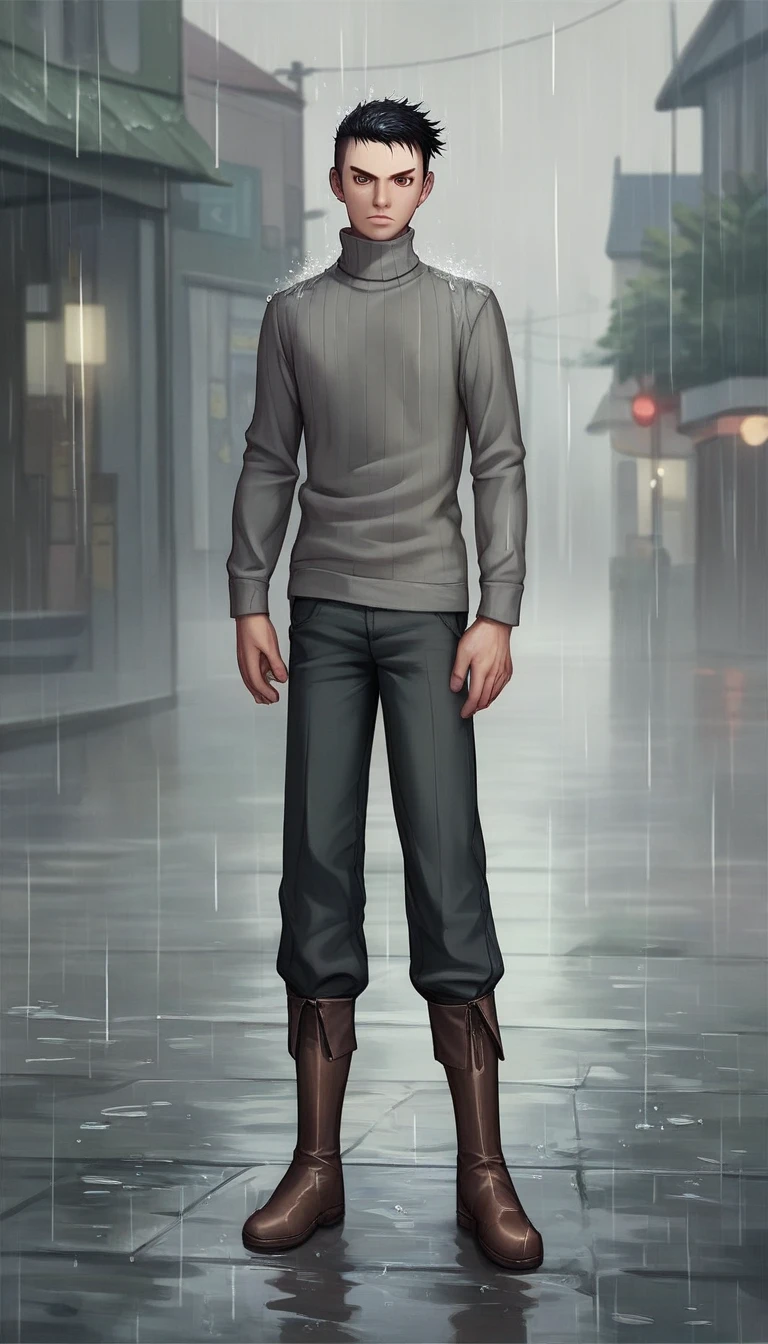  man in the rain,  man drenched in rain , ((Looking intently at the viewer)),  ( rainwater flows down his face),  The sky is dark  , (  Detailed  ), (((normal boy))), ((  black hair rapado)), (( shaved hair )), (serious guy), (( brown boots )), (((  Full body  ))), ((male)), (((grey turtleneck sweater))), ((solo una persona)), (( brown eyes)), ((  black hair)), ((human))