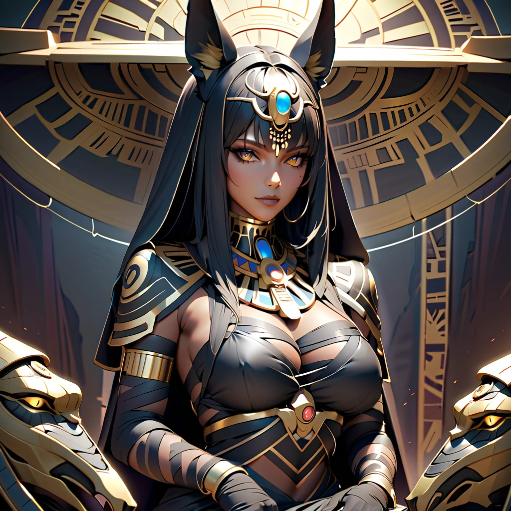 (striped veil covering the whole head), all white, slim body semi-covered by Egyptian technological clothing based on the sphinx, Neon Genesis Evangelion style, cyberpunk, lots of gold and ruby jewelry, action pose, ((Best quality)), ((masterpiece)), (detailed: 1.4), (Absurd), (((super defined eyes)))), Powerful Egyptian woman ready for war, perfect body, dark tanned bright skin, cleoopatra, (((perfect ass))), shoulder pad of the Anubis, ((head adornment that falls in two straps over the shoulders and has the part hanging over the nape of the neck tied in braid, called nemes with that of the sphinx)), defined body, bare thighs, closed mouth, only in panties, include hieroglyphics in clothing, generous neckline, ((perfect medium breasts)), (brown eyes without pupils), ((long black eyelashes)), ((heavy eye makeup)), ((Black stroke coming out of the corner of the eyes)), ((clothing in red and black and white colors)), ((Egyptian designs on the arms)), Egypt, Tutankhamun mask, Pharaoh, Bastet, Anubis, short underwear, garter belt, by mucha, niji --V5, close to real, psychopath, crazy face, sexy pose, inside a pyramid, 2 pieces clothing, centered, scale to fit the dimensions, HDR (High Dynamic Range),Ray Tracing,NVIDIA RTX,Super-Resolution,Unreal 5,Subsurface Dispersion, PBR Texture, Post-processing, Anisotropic filtering, Depth of field, Maximum clarity and sharpness, Multilayer textures, Albedo and specular maps, Surface shading, Accurate simulation of light-material interaction, Perfect proportions, Octane Render, Two-tone lighting, Wide aperture, Low ISO, White balance, Rule of thirds, 8K RAW, crysisnanosuit