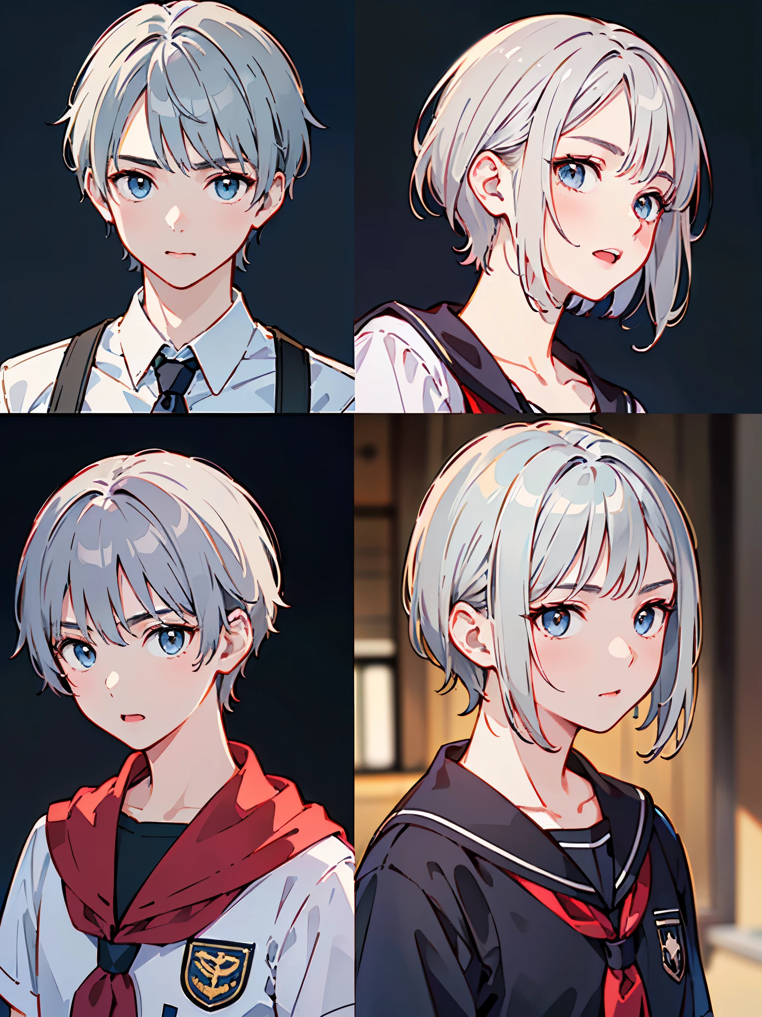 8k、 best quality 、​masterpiece:1.2)、( realistic、 super detailed 、 super A high resolution、 short hair、(( Silver Hair、A young man、、Junior high school students))、 beautifully detailed face 、narrow、( Slim Waist ) :1.3)、Boys&#39; school uniform、  beautiful detail skin 、 skin texture 、 floating hair in front of car、 professional lights 、Hokkaido、black rimmed square glasses、 Human body、