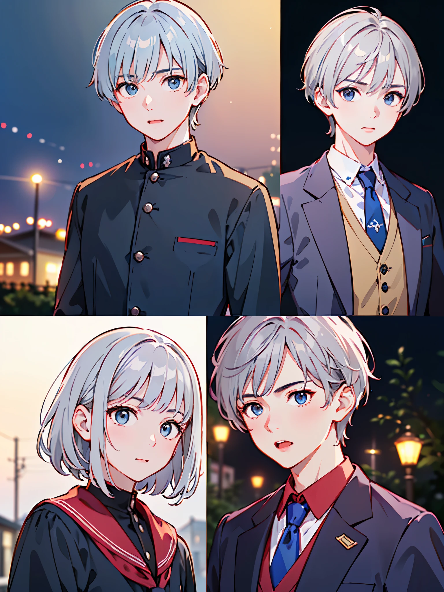 8k、 best quality 、​masterpiece:1.2)、( realistic、 super detailed 、 super A high resolution、 short hair、(( Silver Hair、A young man、、))、 beautifully detailed face 、narrow、( Slim Waist ) :1.3)、Boys&#39; school uniform、  beautiful detail skin 、 skin texture 、 floating hair in front of car、 professional lights 、Hokkaido、black rimmed square glasses、 Human body、