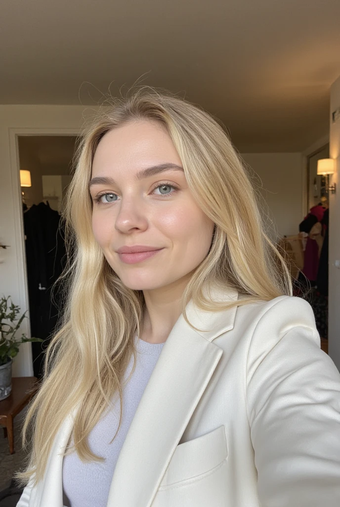 Selfie of 30 years old slim woman with long blond hair and blue-grey eyes and medium breasts.She is wearing a white coat . The background shows a stylish entryway with a coat rack and a potted plant. The photo is taken from a slightly tilted angle at arm’s length, with soft indoor lighting enhancing the warm tones.