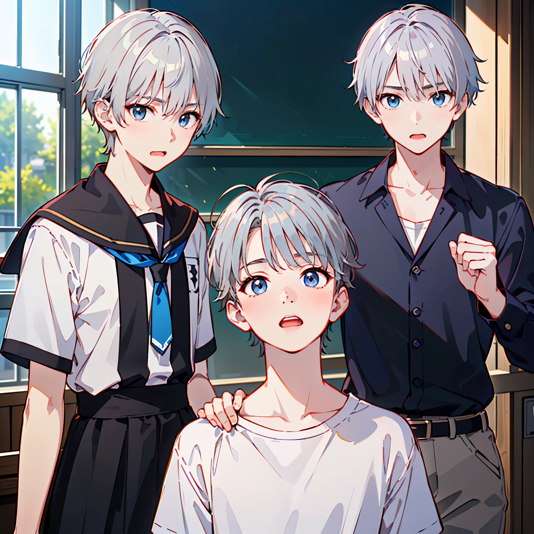 8k、 best quality 、masterpiece:1.2)、( realistic、 super detailed 、 super A high resolution、 short hair、(( Silver Hair、One boy、 boy、、Junior high school students))、 beautifully detailed face 、narrow、( Slim Waist ) :1.3)、Boys' school uniform、 beautiful detail skin 、 skin texture 、 floating hair in front of car、 professional lights 、Hokkaido、black rimmed square glasses、 Human body、winter、School、