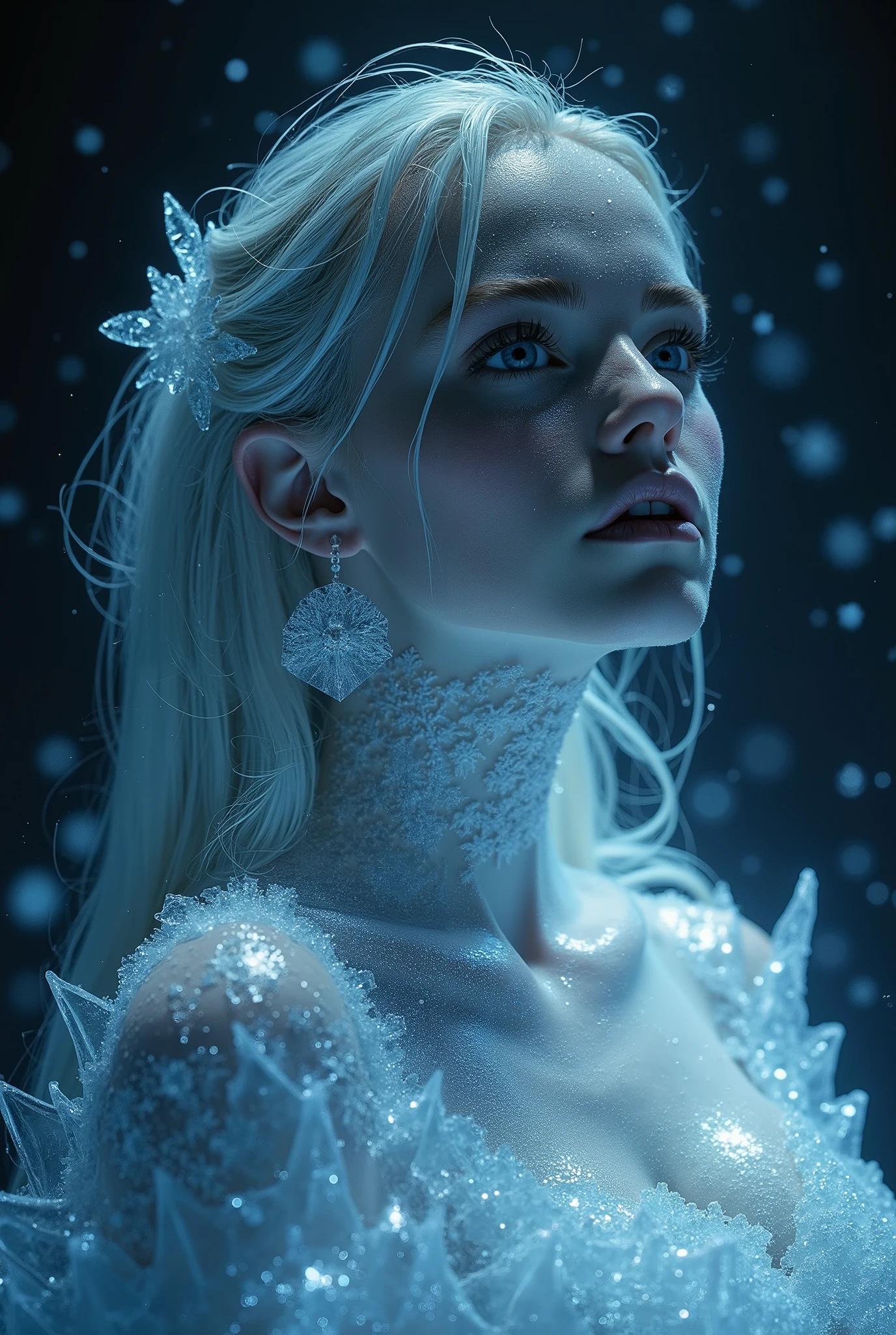 reminiscent of the matrix of an egg queen trapped in a post-apocalyptic futuristic world, set in a glowing landscape with burning icicles carefully sculpted into faces, exuding a surreal and mesmerizing beauty. Her glistening frozen skin shines in a striking contrast of black, white, red and green, reflecting the light around her. She is captured in a tender moment, her lips entwined in a passionate kiss, her hypnotic eyes emitting an ethereal glow that illuminates her otherworldly form. The background features a threatening sky that casts an ominous shadow over the entire scene. The combination of beauty and darkness creates an atmosphere of unease and intrigue with a hint of eeriness and mystery. The overall composition exudes beautycore, with hyper-realistic sculptures and a dreamy atmosphere. The scene is reminiscent of a photograph taken with Ektachrome, has soft and dreamy tones and features an incredibly complicated icicle-faced figure enjoying a vanilla ice cream. Shot on 70mm,