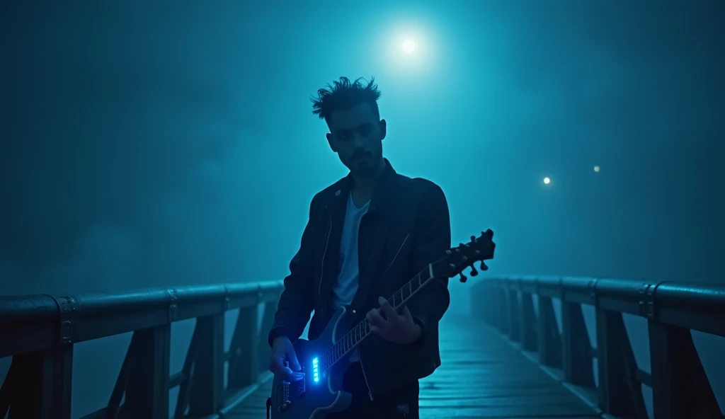 A dark, cinematic shot of a man guitarist positioned at the center of the frame on a foggy, moonlit bridge at night. He has a youthful energy, with styled hair and a modern leather jacket. His glowing electric guitar adds a faint neon blue light that reflects onto his face and hands as he plays. The background shows the arches of the bridge, fading into the mist, while the moonlight casts soft, ethereal shadows. The composition focuses on him, evoking a sense of isolation and emotional intensity in the stillness of the night."
