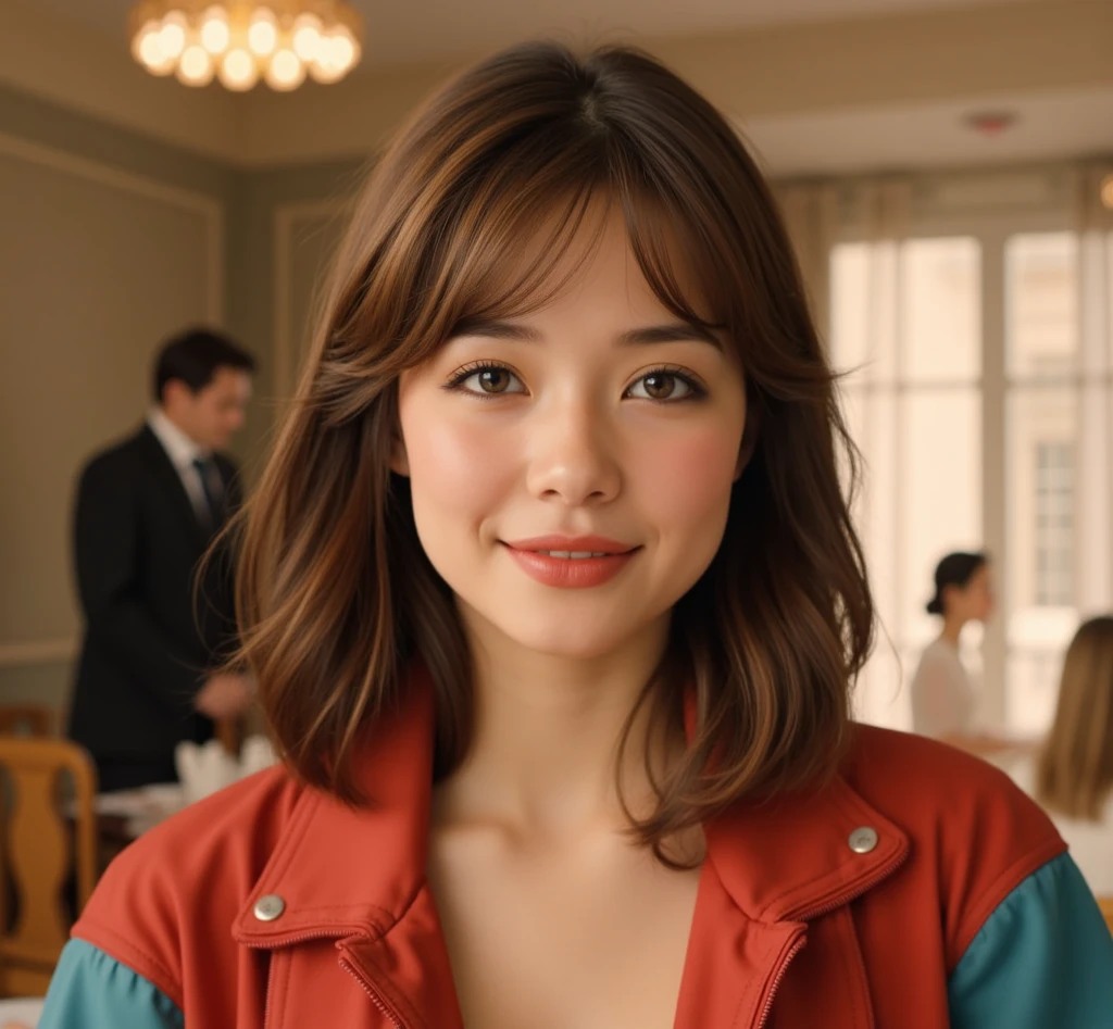 a young woman with brown hair, wearing a red jacket, 20 years old, realistic portrait, attractive girl, european girlfriend, russian girlfriend, cute face, bangs, detailed facial features, beautiful eyes, anastasia cebulska, dasha taran, Angelina Danilova, high quality, photorealistic, cinematic lighting, 8k, detailed skin, intricate hairstyle, warm color tones, portrait, 90's