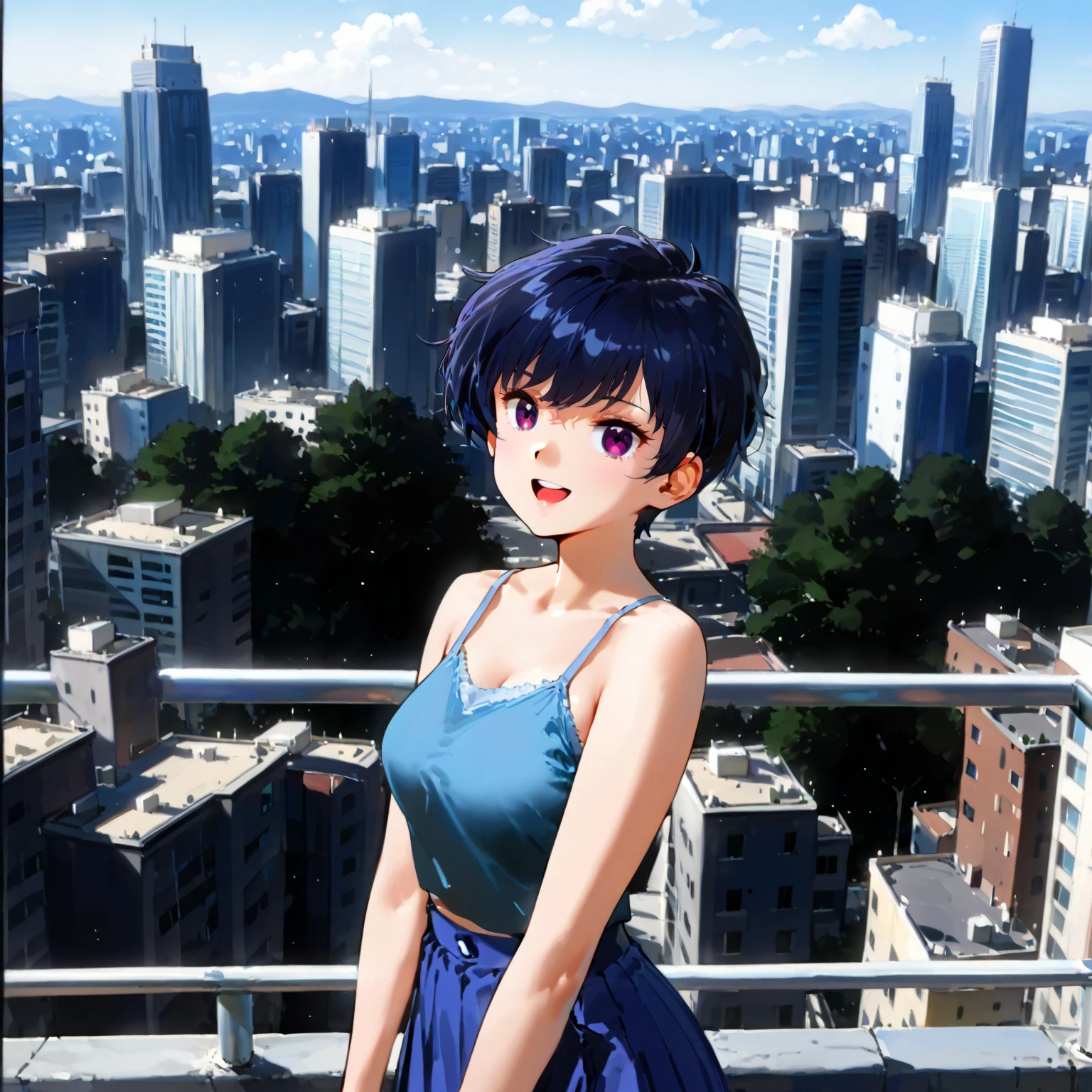 Open-mouthed and smiling, overlooking the city from a hill with hands outstretched, Miki, (Short hair: 1.8), (Pixie cut: 1.4), dark blue hair, purple eyes, light blue camisole, navy blue skirt, 1980s anime style, stylish and cute (Excellent: 1.3), (8K, highest quality: 1.4), Slim: 1.2, (She has a beautiful face, beautiful hair, perfect slim, double eyelids)