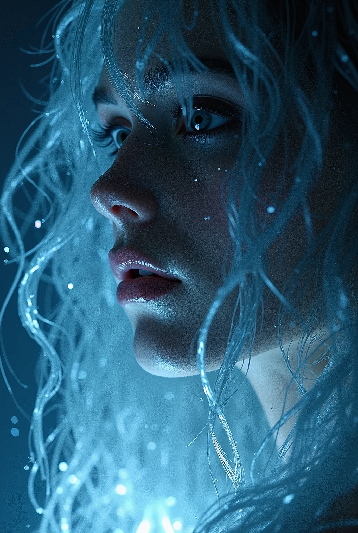 nudes, half body, close, Inside the ice of a shining woman, Ice hair, Ethereal Light, dark background , Strong light, surreal atmosphere , digital art , Dramatic Lighting , Detailed texture, ultra high definition