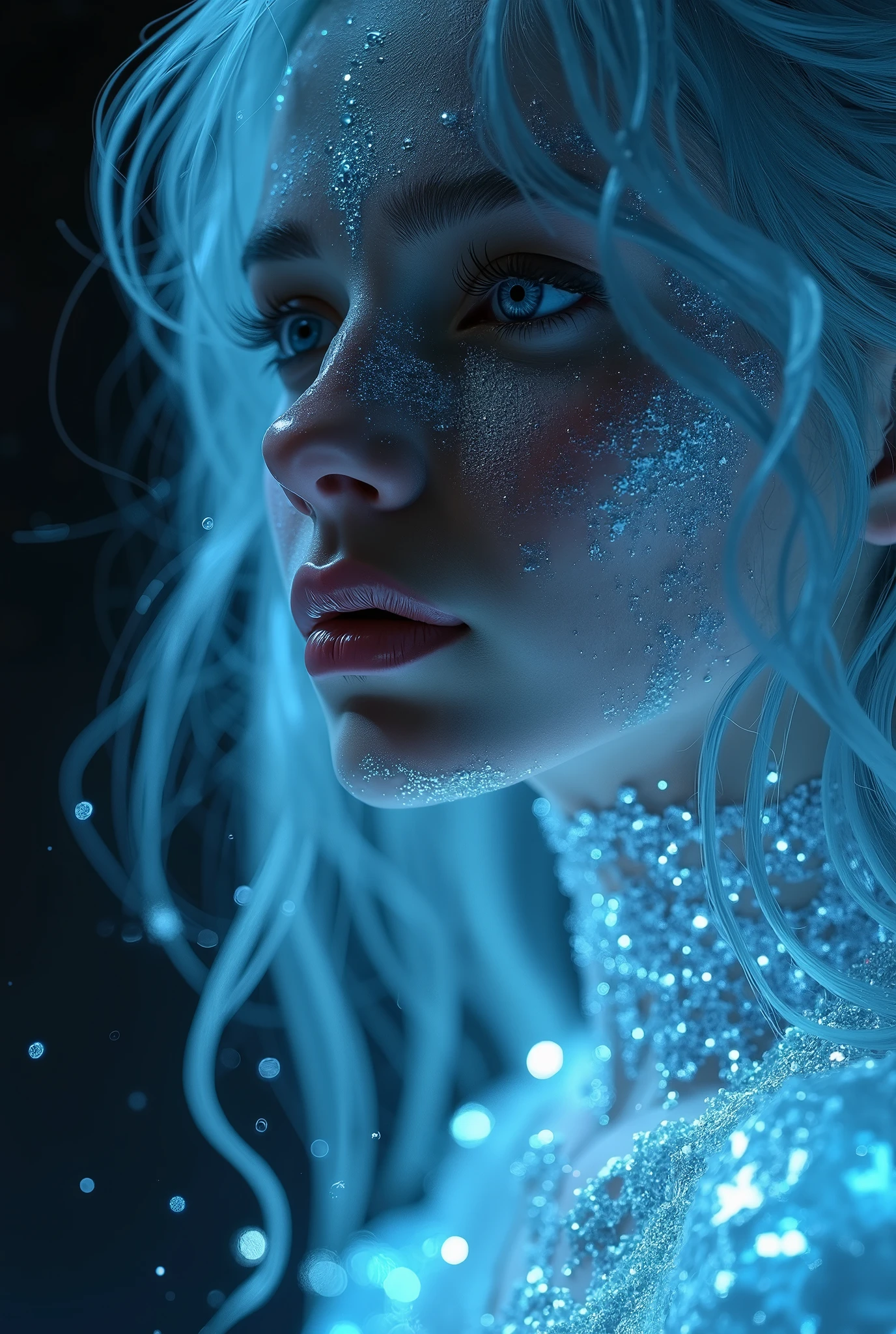  nudes, half body,  close, Inside the ice of a shining woman, Ice hair, Ethereal Light,  dark background , Strong light,  surreal atmosphere ,   digital art ,  Dramatic Lighting , Detailed texture,  ultra high definition