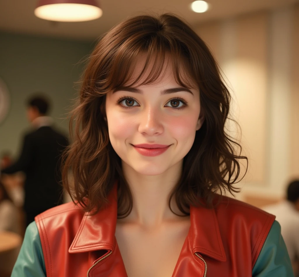 a young woman with brown hair, wearing a red jacket, 20 years old, realistic portrait, attractive girl, european girlfriend, russian girlfriend, cute face, bangs, detailed facial features, beautiful eyes, anastasia cebulska, dasha taran, Angelina Danilova, high quality, photorealistic, cinematic lighting, 8k, detailed skin, intricate hairstyle, warm color tones, portrait, 90's