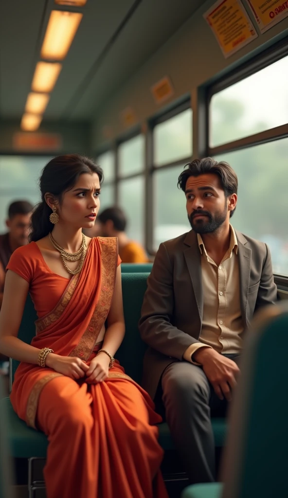 Indian man seat in bus with wife and conductor 