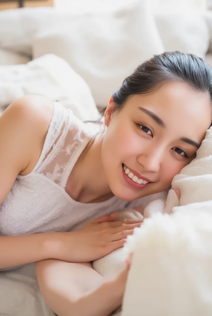 A woman in her 30s with an innocent expression、smile、Shortcuts、Lying down in the living room, resting her chin on her hand