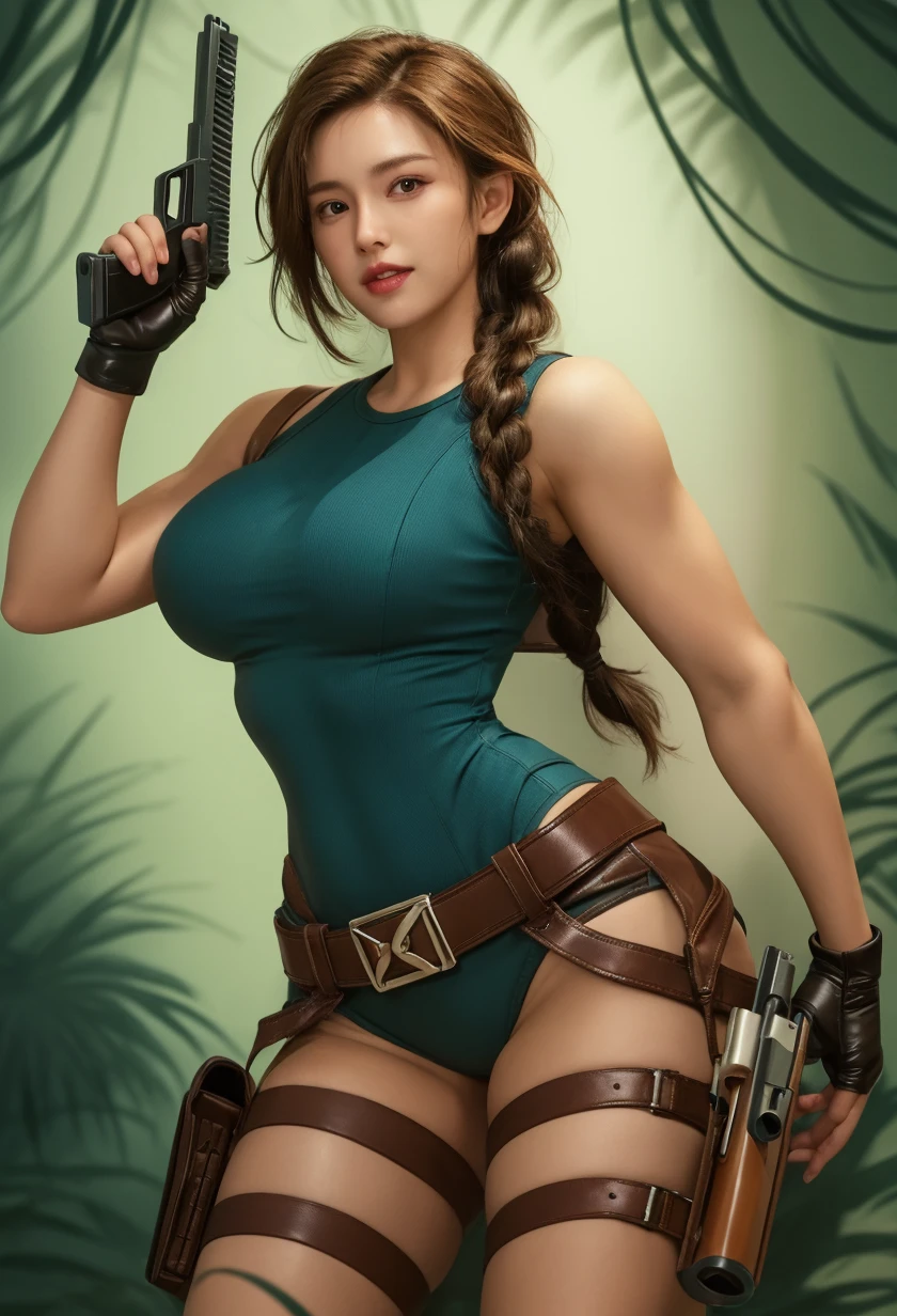 Masterpiece, extra detailed, pretty girl, busty slim firm body, gun