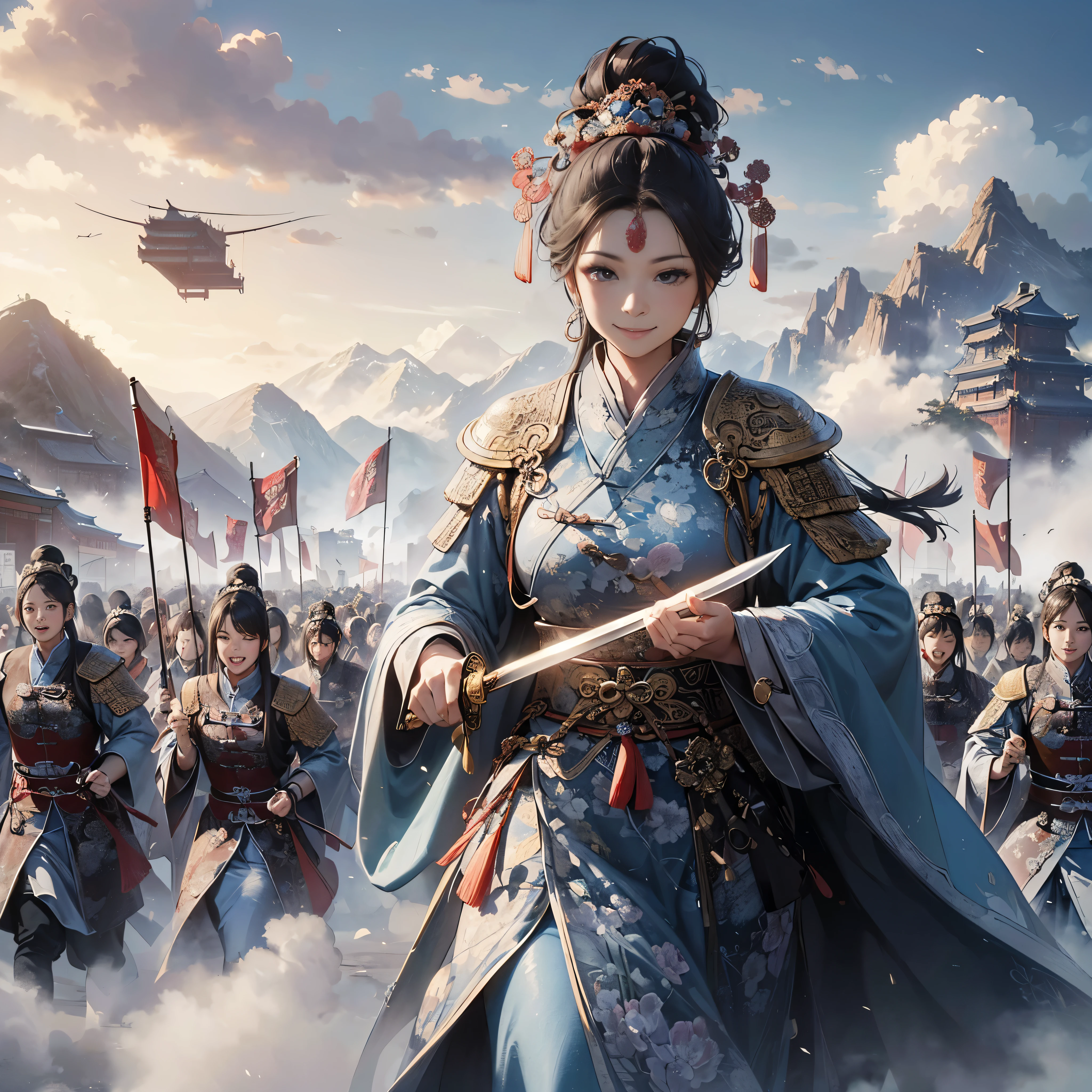 (masutepiece:1.2), (Best Quality:1.2), (high resolution:1.2), (beautiful face and eye:1.2), (sharpest focus:1.2), (Ultra-realistic Photo:1.2), (Ultra-precise Photo:1.2), (Depth of field:1.2), (perfect anatomy:1.2), (nice hands:1.2),
(perfect hands:1.2), (Chinese Song dynasty middle-aged female military chief:1.0), (female military commander leading daughter army with Chinese sword raised wide:1.0), (Fearless smile:1.5), (winning smile:1.5),
(daughter army approaching with a cloud of dust:1.0), (beautiful and magnificent natural land of Song dynasty China:1.5), (incoming clouds rising in the clear blue sky:1.0), (tremendous superlative perspective:1.0),