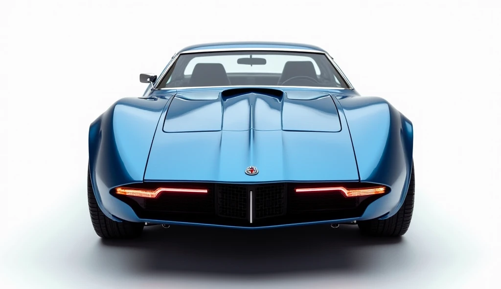 A stunning back bumper view of the futuristic 1972 AMC Javelin ST 401 in pristine shiny blue, showcasing its sleek and modern design. The athletic and luxurious appearance is accentuated by sharp lines and curves, creating a sense of elegance and speed. The AMC Javelin ST 401 emblem sits proudly at the center, while glowing red accents highlight the vehicle's cutting-edge technology. The white background emphasizes the elegant contours of the car, embodying the innovative spirit and luxury synonymous with the car brand.
