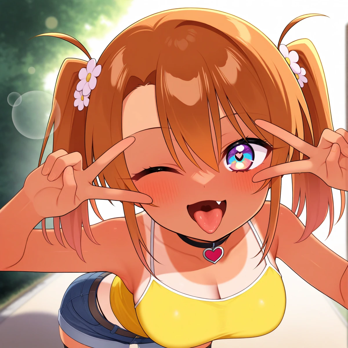 outdoors, sunshine, lens flare, backlighting, shadow,
one eye closed, tongue out, open mouth, fang, closeup face, looking at viewer,
upper body, solo, Yuma\(yuma_chan_ni_aisareru\),1girl, loli, brown hair, flower hair ornaments, twintails, multicolored eyes, large breasts, tan, one-piece tan, heart choker, yellow camisole, high-leg denim pants, black thighhighs,
leaning_forward, v over eye,