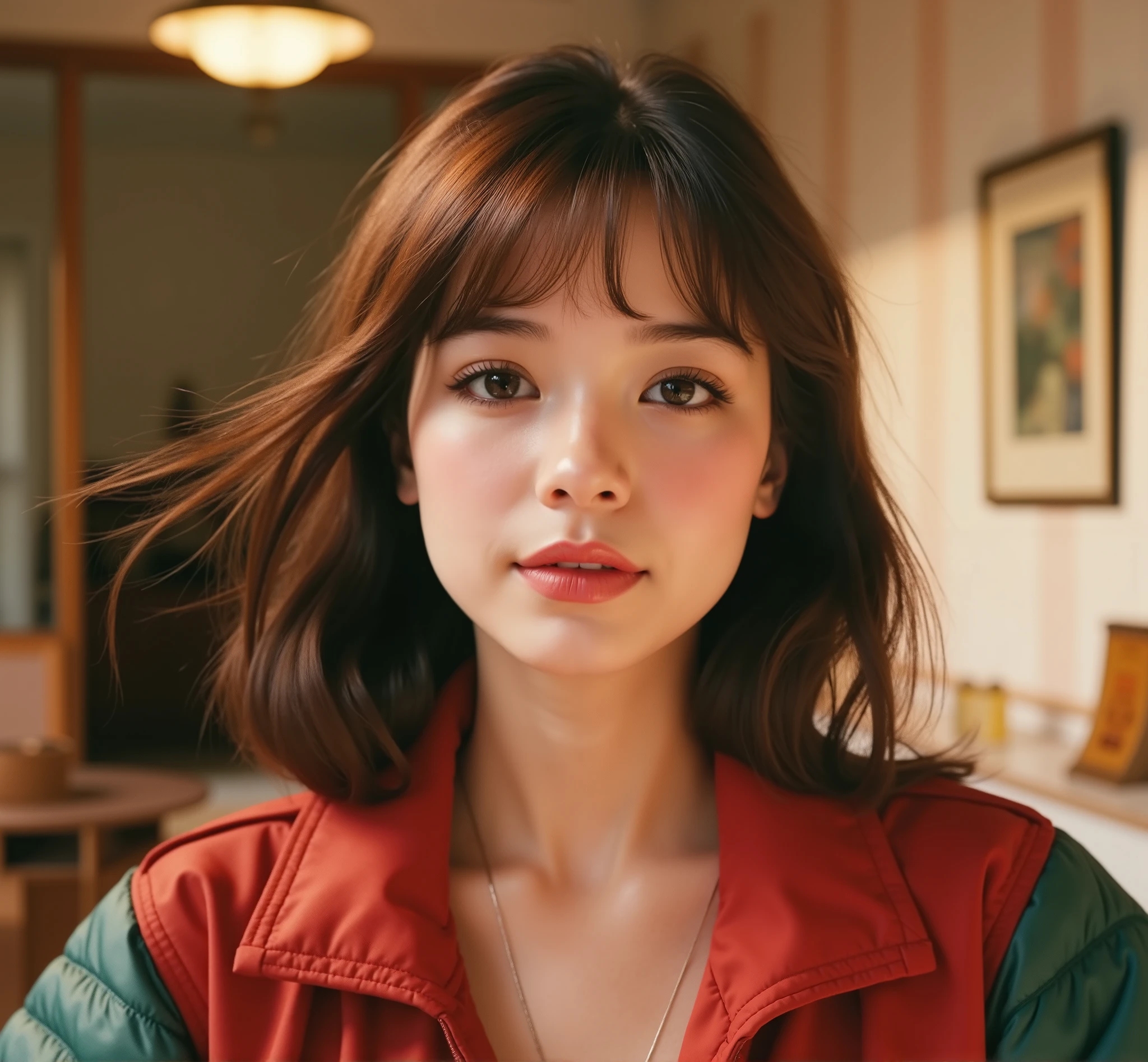 a young woman with brown hair, wearing a red jacket, 20 years old, realistic portrait, attractive girl, european girlfriend, russian girlfriend, cute face, bangs, detailed facial features, beautiful eyes, anastasia cebulska, dasha taran, Angelina Danilova, high quality, photorealistic, cinematic lighting, 8k, detailed skin, intricate hairstyle, warm color tones, portrait, 90's