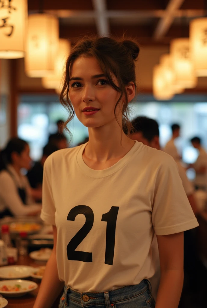 a woman in a T-shirt with a logo of "21", in a buffet restaurant of Japanese Shabu-shabu cuisine,