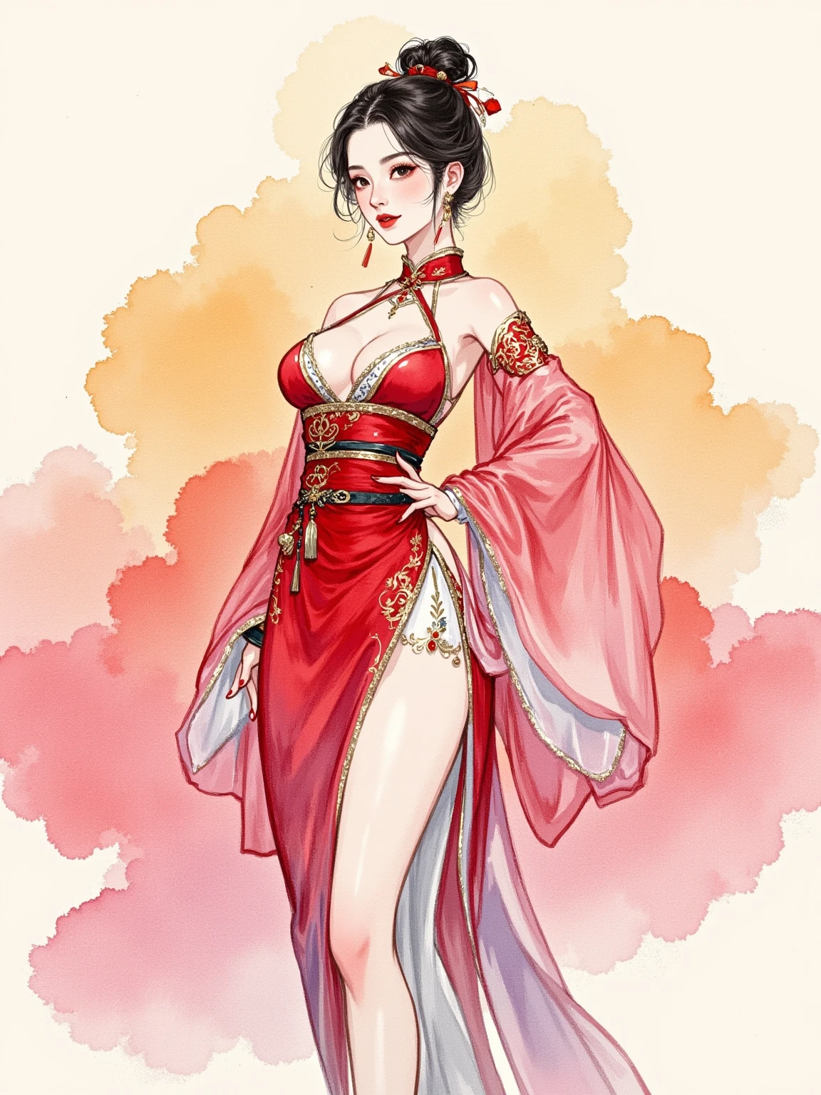 Watercolor, large area washes, gradient, illustration, artwork, solid color background, cute, mature, Chinese style, ornate, elegant, creative, seductive, proud, 1girl, xiake attire, sexy, charming, unified color palette, artistic, high-end, painting design