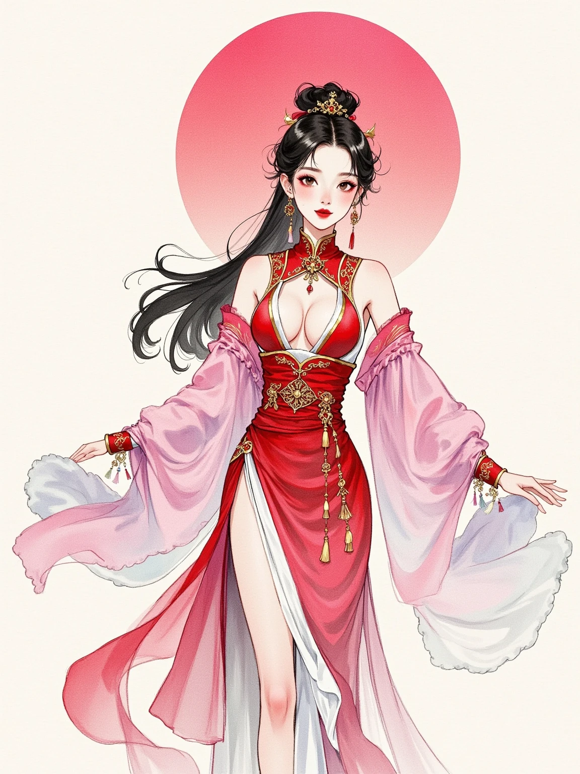 Watercolor, large area washes, gradient, illustration, artwork, solid color background, cute, mature, Chinese style, ornate, elegant, creative, seductive, proud, 1girl, xiake attire, sexy, charming, unified color palette, artistic, high-end, painting design