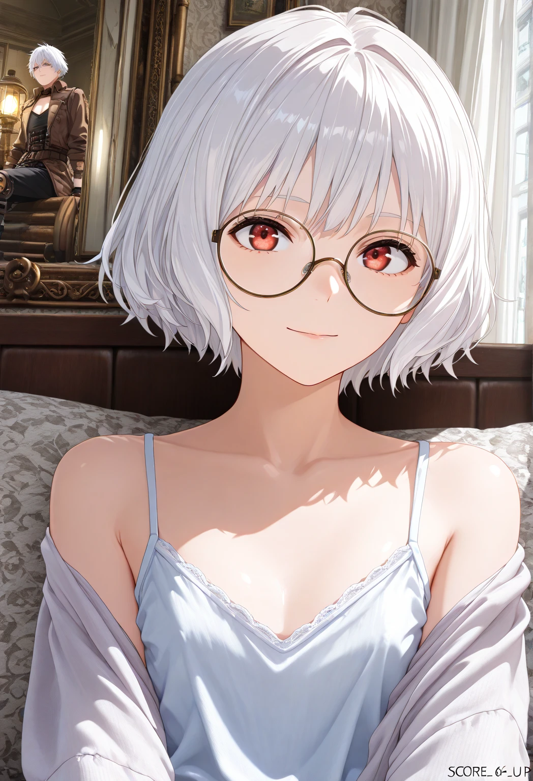 (ultra realistic photo, raw photo, portrait, Realism, 3D rendering, from movie stills, blender render, art academia, main artwork, soft lines,   steampunk)、I want a picture of someone reading a manga book while sitting and wearing glasses, red eyes, ((saggy camisole, small chest cleavage, saggy clothes)), white hair, short hair, 