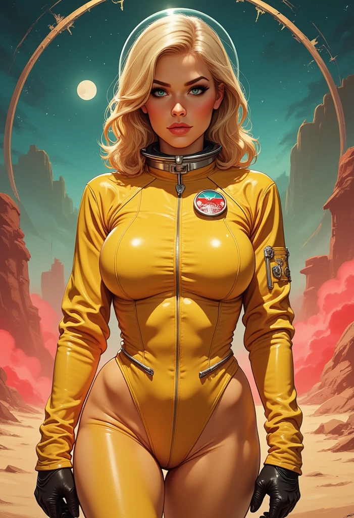 full body shot 。1940's pop art。beautiful blonde pin-up girl。Barbarella astronaut girl large spherical glass helmet, yellow leather spacesuit, black leather boots