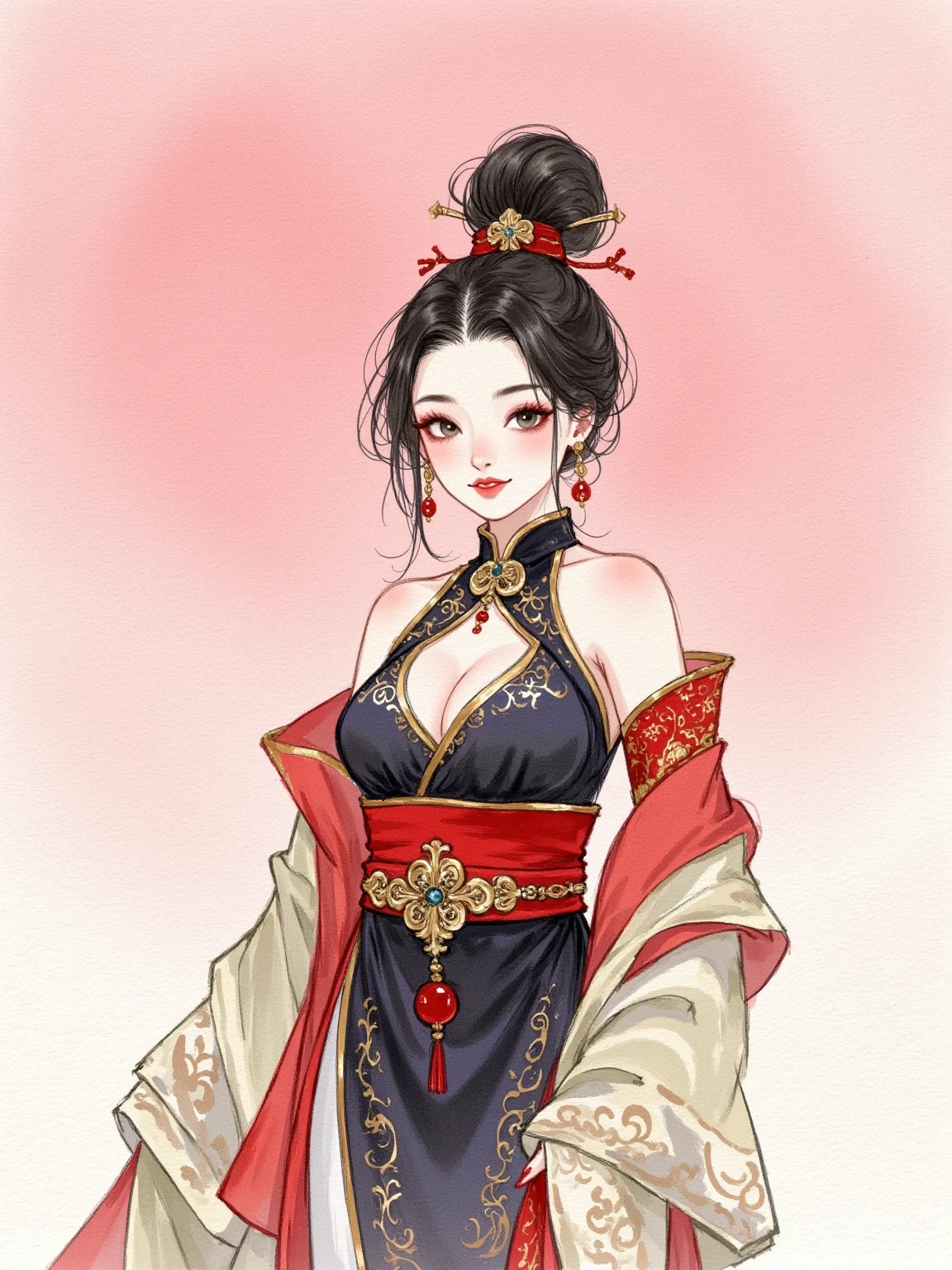 Watercolor, large area washes, gradient, illustration, artwork, solid color background, cute, mature, Chinese style, ornate, elegant, creative, seductive, proud, 1girl, xiake attire, sexy, charming, unified color palette, artistic, high-end, painting design