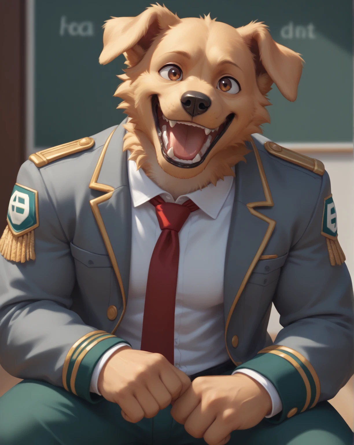 man, Dog Furry ,  Golden Retriever, brown eyes,  My Hero Academia, High school student, laugh,  white shirt , red tie,  green pants ,  gray jacket, Turquoise on sleeves and collar, Shoulder gold button epaulettes , school