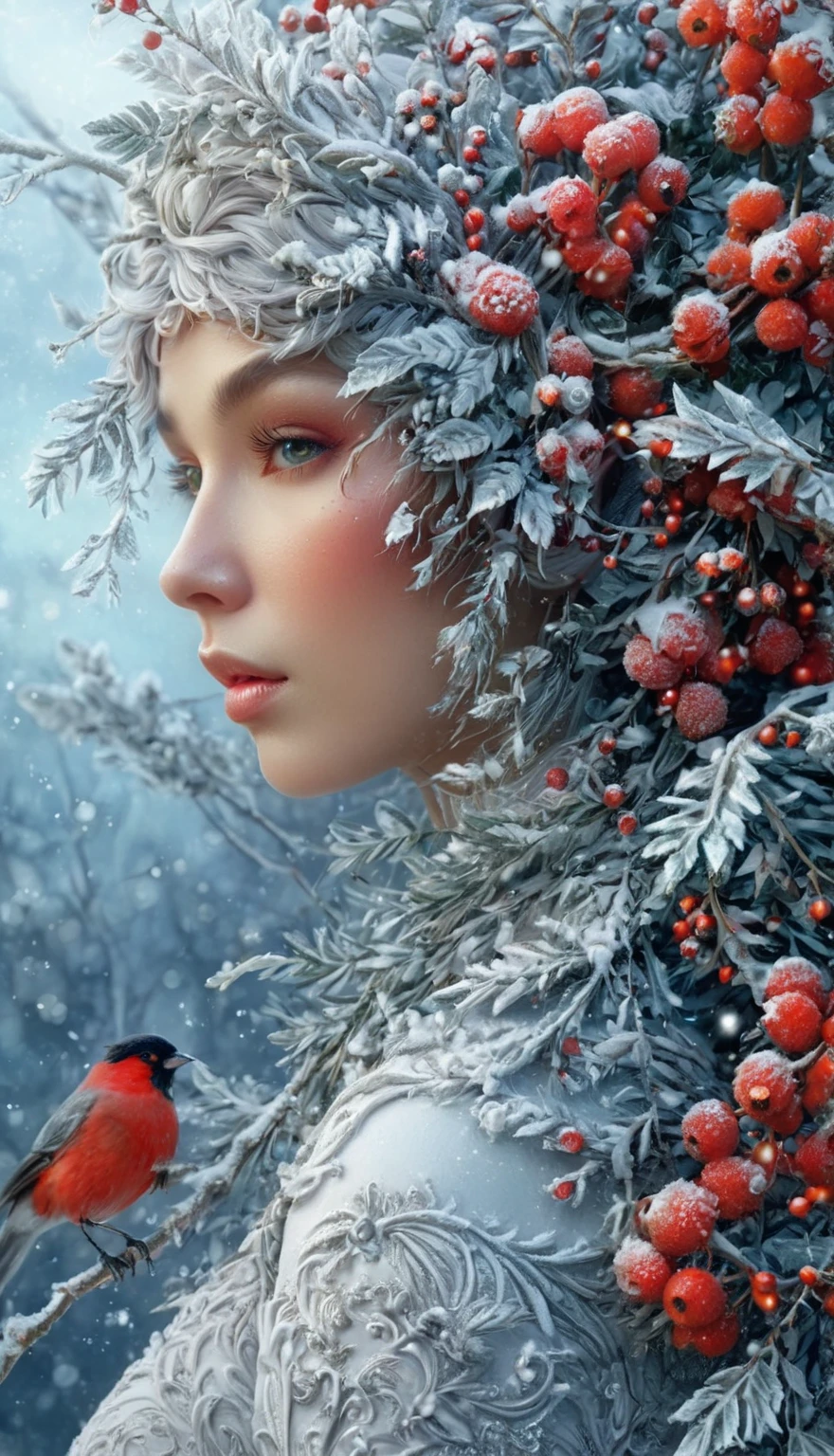 painting of a bullfinch sits on a branch, winter, snowfall, a woman with white skin and red lips in a Slavic white costume and kokoshnik leaned over him, dark atmosphere, cinematic scene, volumetric lights, ultra realistic, in the style of nicola samori