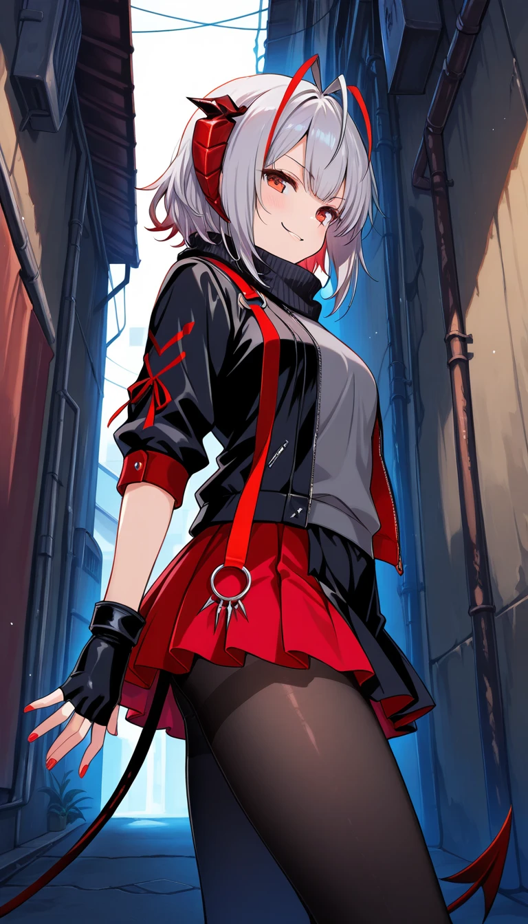 ハイパー Details,  best quality , ( complicated_ Details:1.1),美しい Details, beautiful hair , from the side 1 girl , smirking ,Demon Tail, short hair , multicoloRed Hair,  gray hair, Red Hair, stupid hair,  antenna hair,  Demon's Horn , antenna,  red eyes, black jacket,  Open Jacket , below-elbow sleeve ,  gray shirt,  black gloves, Fingerless gloves, laye red skirt, black skirt,  red skirt,  miniskirt ,  black pantyhose,  black scarf , Red nails, Alley