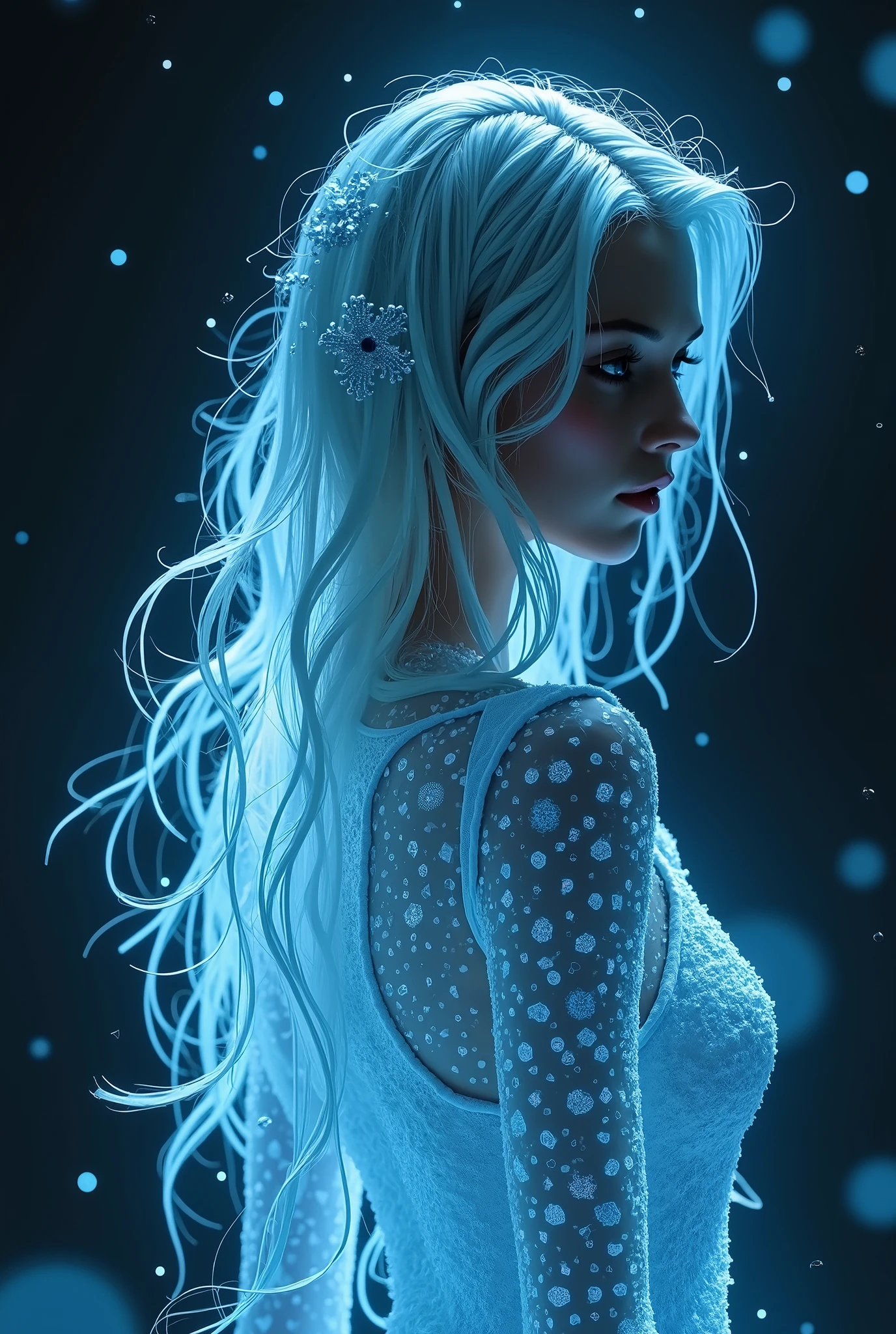 nudes, half body, close, Inside the ice of a shining woman, Ice hair, Ethereal Light, dark background , Strong light, surreal atmosphere , digital art , Dramatic Lighting , Detailed texture, ultra high definition