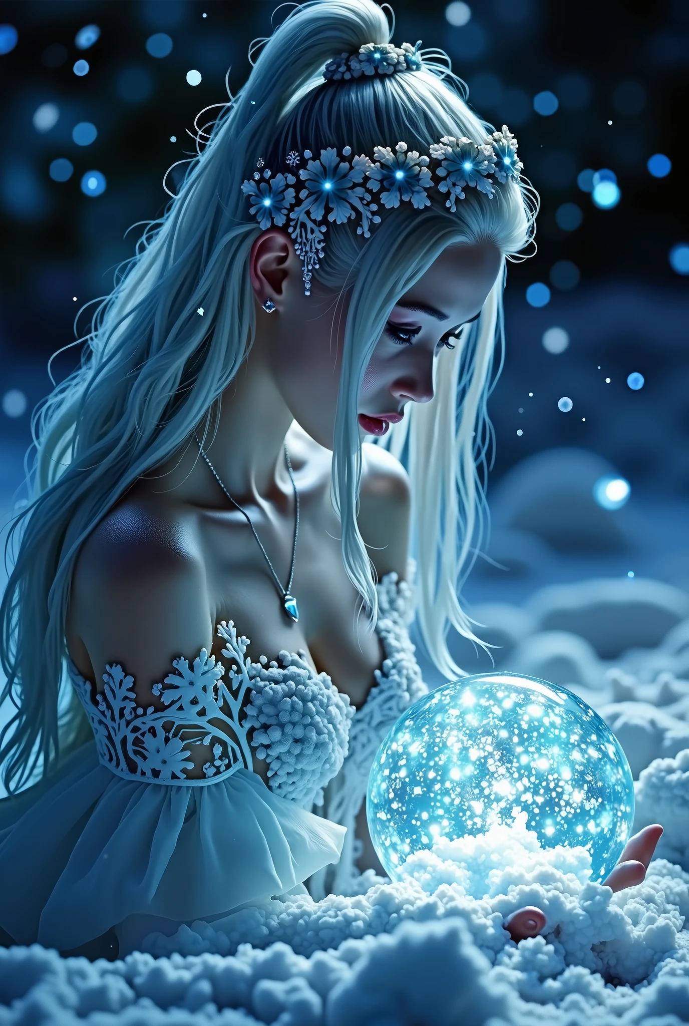 ( highdefinition images、Pro Work 、Artistic、's greatest masterpiece)、（ Illuminated by Strong Light , （ surreal atmosphere ,  Fantastic、 digital art） ,  dramatic lighting , Detailed texture、 upper body、（Jet black background、 Midwinter Night in the Far North、 A Pale Ice World ））、（(pitch-dark background below freezing、 Shining Like Ice 、 Clear Skin,、 silver hair, Pure white skin、Ice Girl、 Buried in Sparkling Snow 、I have a shining sphere)）