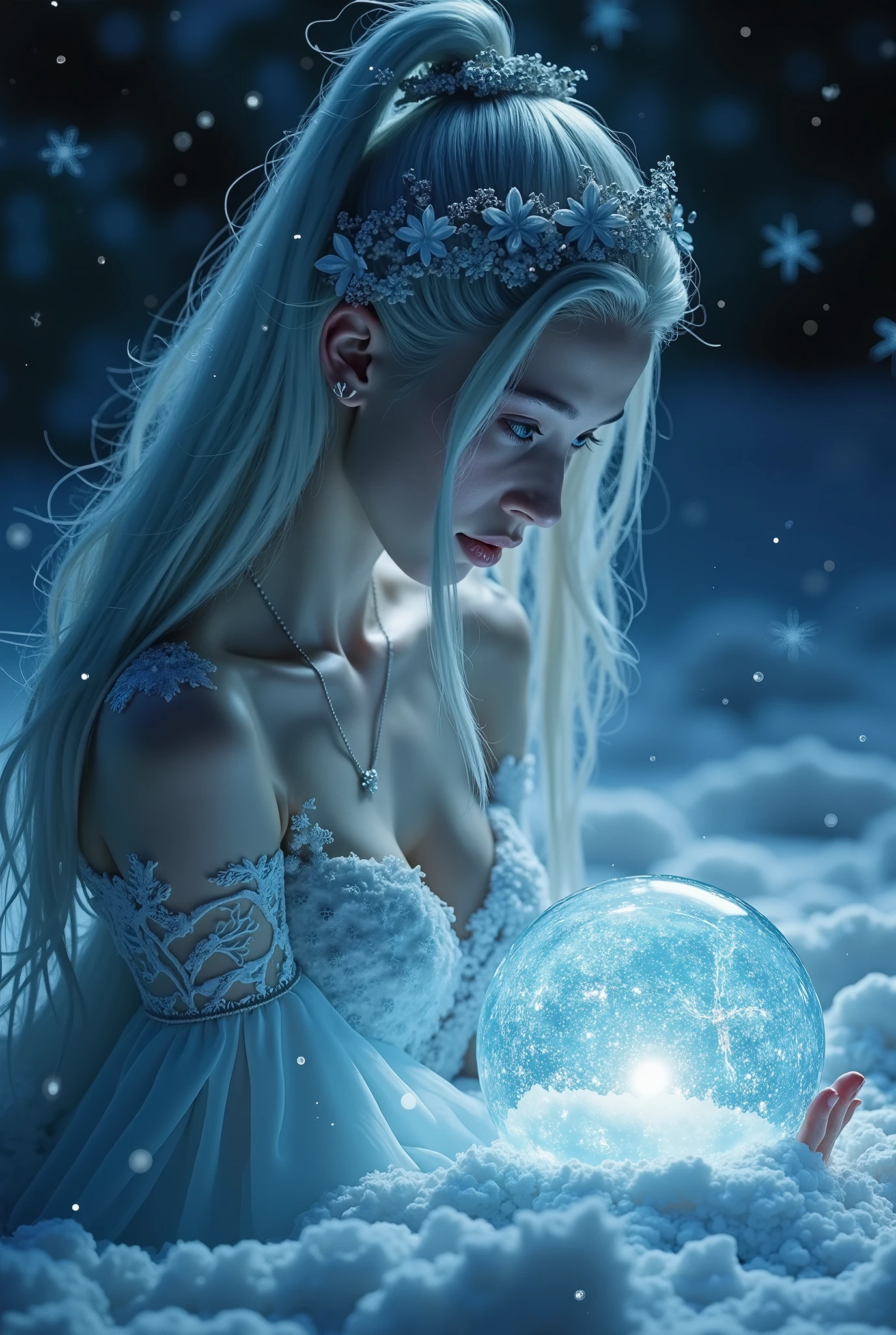 Illustration for the fairy tale The Snow Queen, with a shiny crown , with a ball in his hands