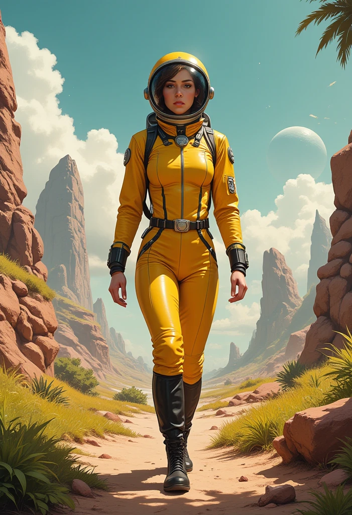 Barbarella astronaut girl large spherical glass helmet, yellow leather spacesuit, black leather boots on an alien planet