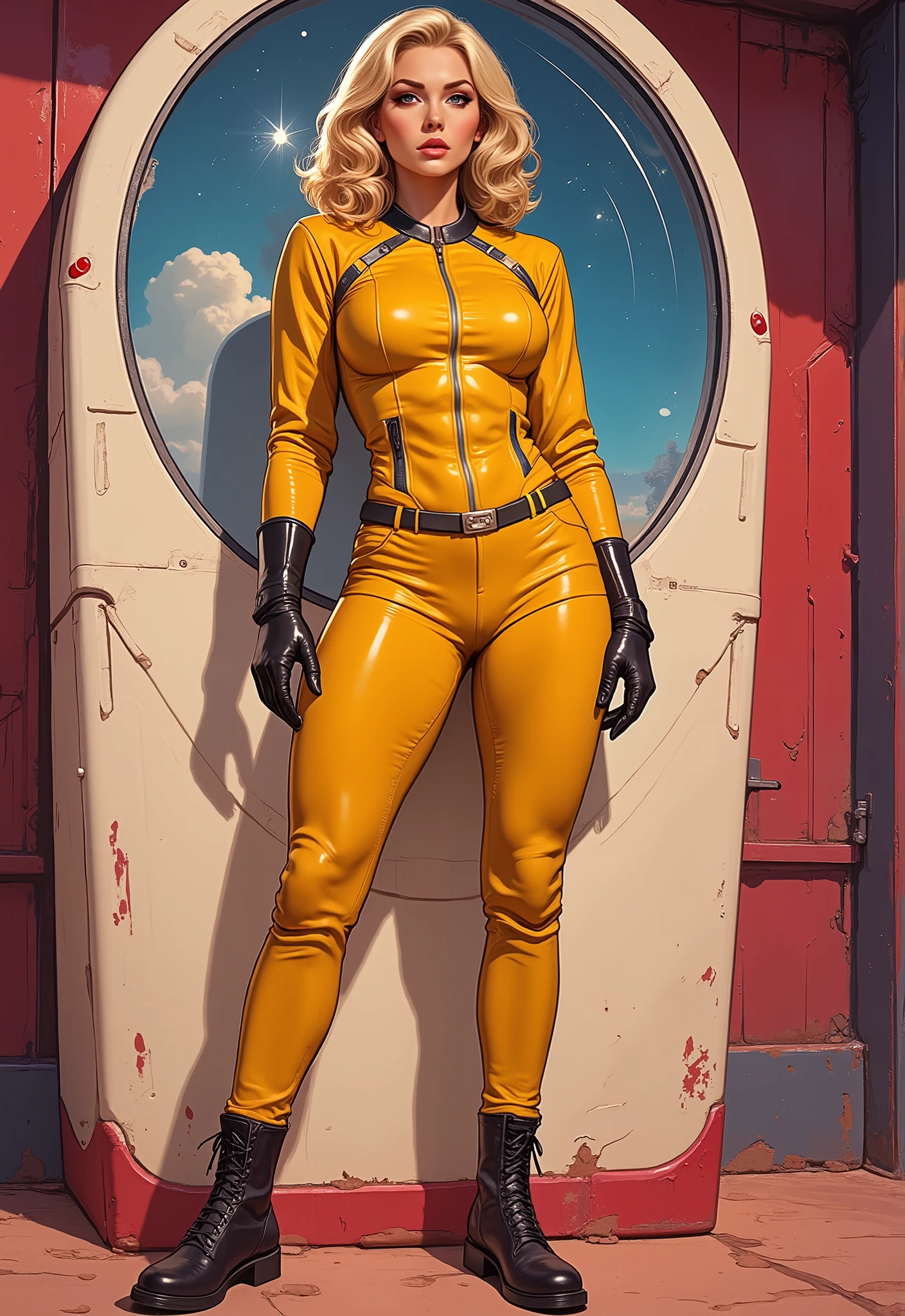 full body shot 。1940's pop art。beautiful blonde pin-up girl。Barbarella astronaut girl large spherical glass helmet, yellow leather spacesuit, black leather boots