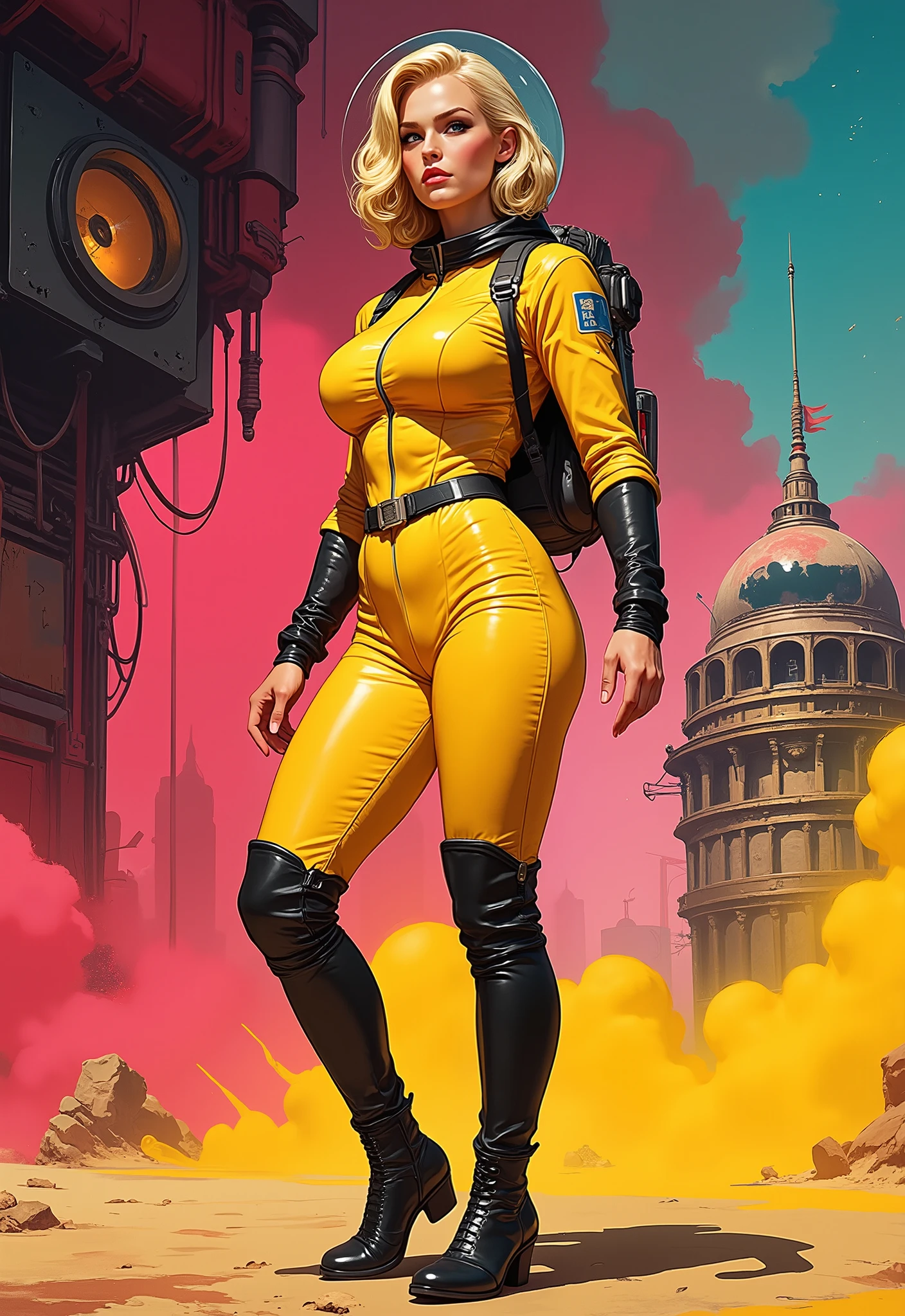 full body shot 。1940's pop art。beautiful blonde pin-up girl。Barbarella astronaut girl large spherical glass helmet, yellow leather spacesuit, black leather boots