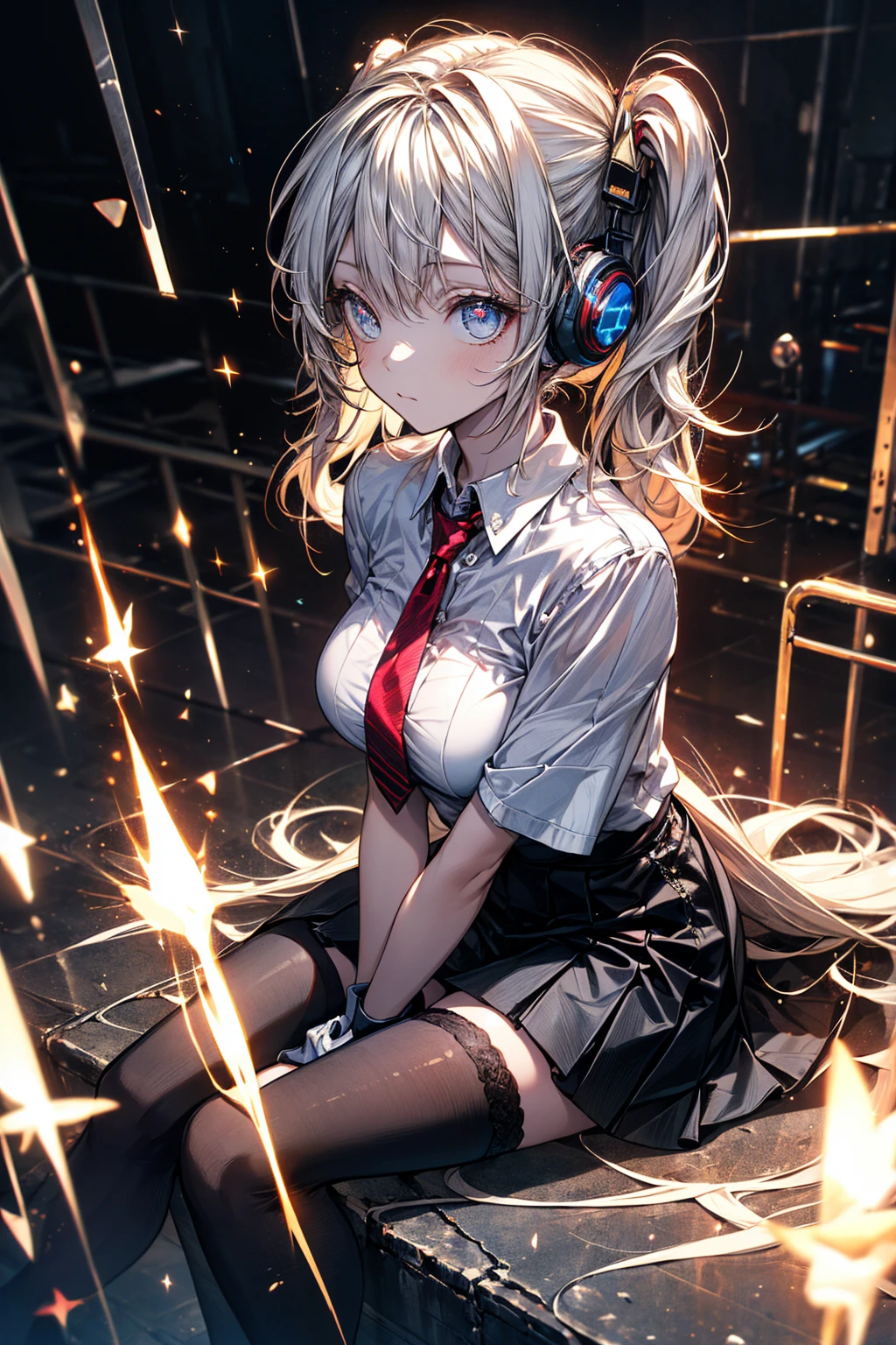 ((masterpiece,high quality,high resolution,detailed,best composition,moody lighting,photorealsitic)),a young girl,solo,detailed face,the whole body,white hair,(twintail),sparkling eyes,headphone,short sleeve shirt,red tie,mini-skirt,knee-high socks,gloves,sitting,emotionless,break,(inside),screens,(wind,blowing),bright,backlit,contrast,height,large background,sparkling particles,great 3D