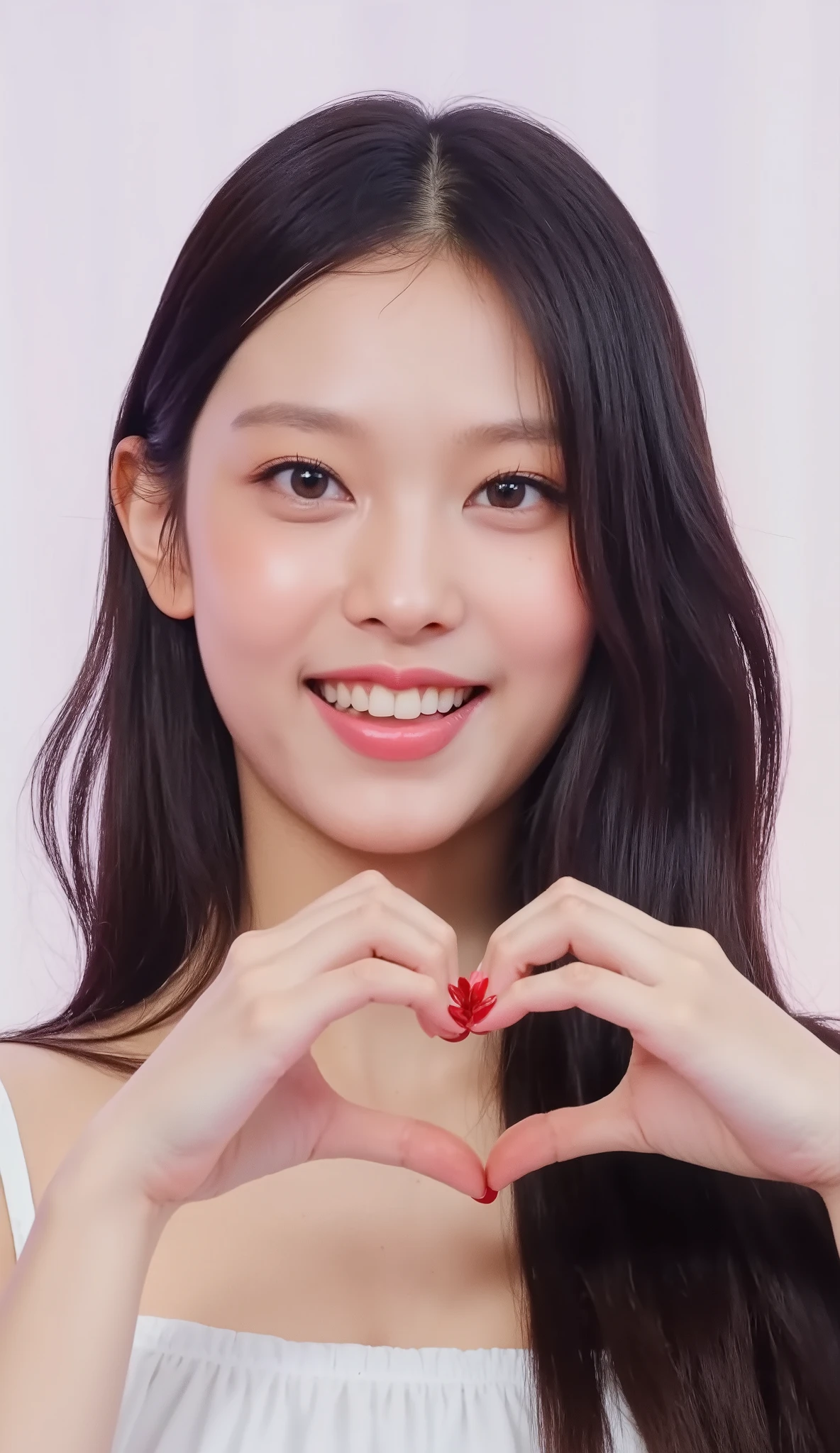      Wear an attractive camisole and shape your hands in front of your chest in the shape of a heart   ,     Cute Smile Up、  The background is plain、  HD、細部にわたって HD  