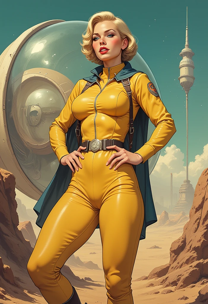 full body shot 。1940's pop art。beautiful pin-up girl。short blonde hair blue eyes red lips Barbarella astronaut girl large spherical glass helmet, yellow leather spacesuit, black leather boots on an alien planet