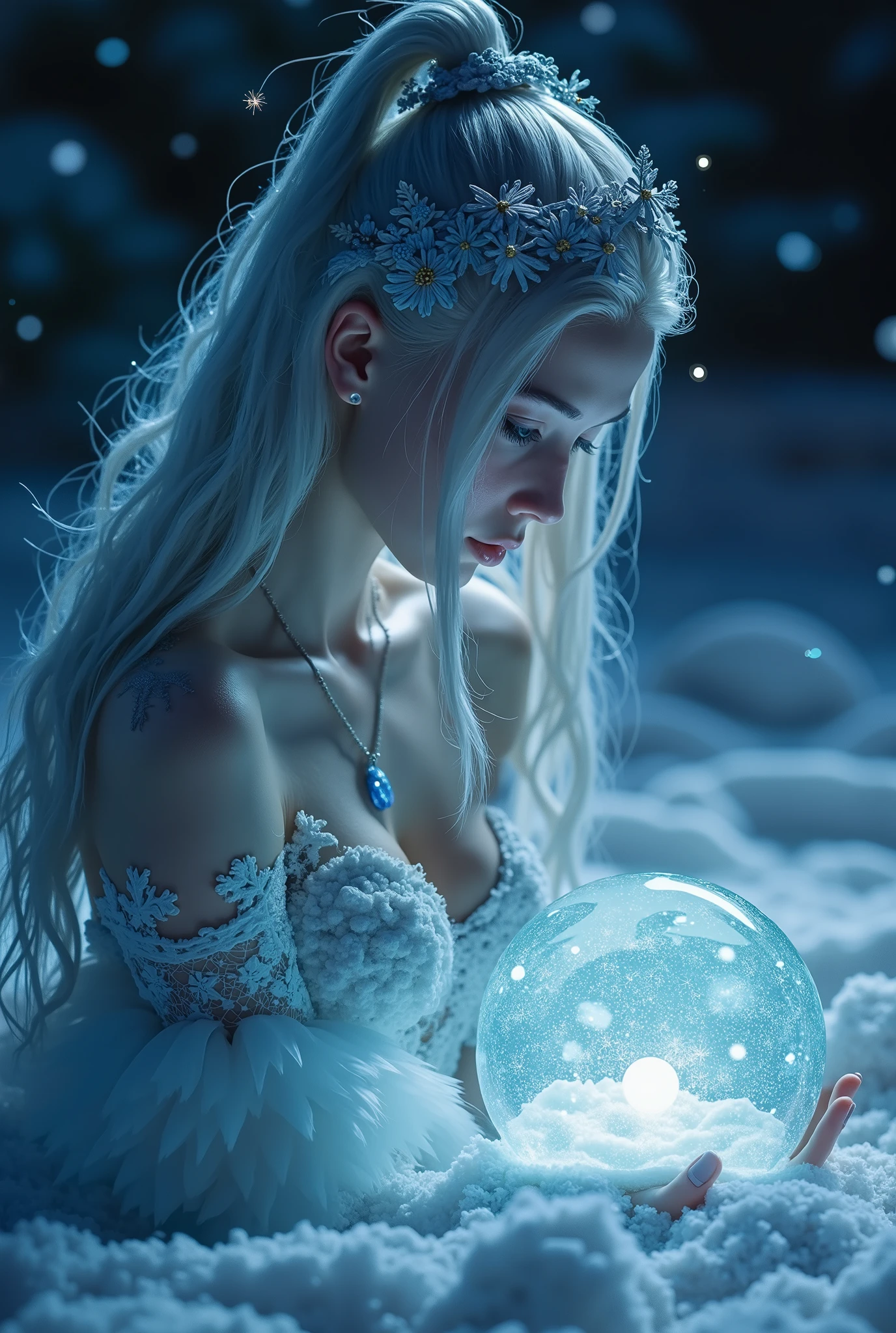 ( highdefinition images、Pro Work 、Artistic、's greatest masterpiece)、( Illuminated by Strong Light , ( surreal atmosphere , Fantastic、 digital art) , dramatic lighting , Detailed texture、 upper body、(Jet black background、 Midwinter Night in the Far North、 A Pale Ice World ))、((pitch-dark background below freezing、 Shining Like Ice 、 Clear Skin,、 silver hair, Pure white skin、Ice Girl、 Buried in Sparkling Snow 、I have a shining sphere))