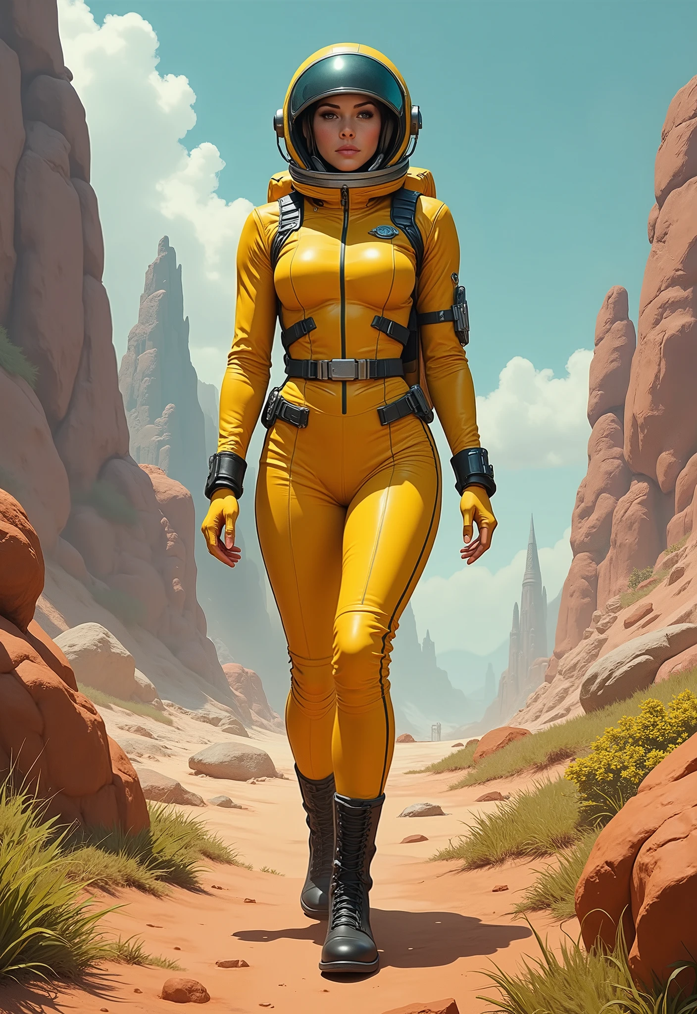 Barbarella astronaut girl large spherical glass helmet, yellow leather spacesuit, black leather boots on an alien planet