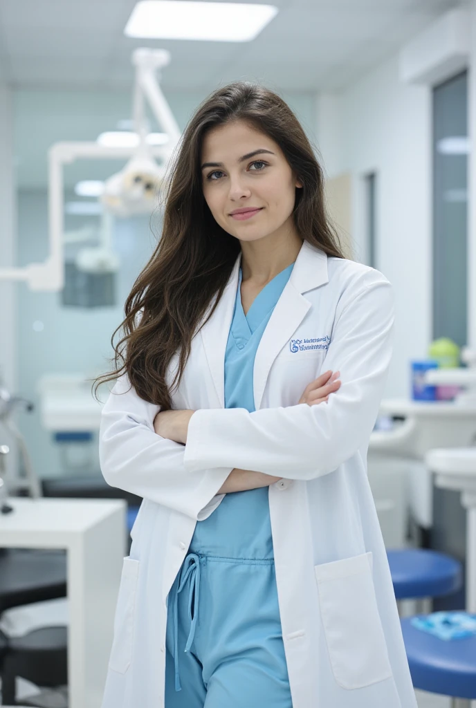 Selfie of 30 years old slim woman with long brown hair and blue-grey eyes and medium sized breasts, wearing a white dentist coat over light blue scrubs . She’s standing in a bright dental office. Behind her are a dental chair, bright overhead light, and neatly arranged tools on a tray. The photo is taken at arm’s length with overhead fluorescent lighting.