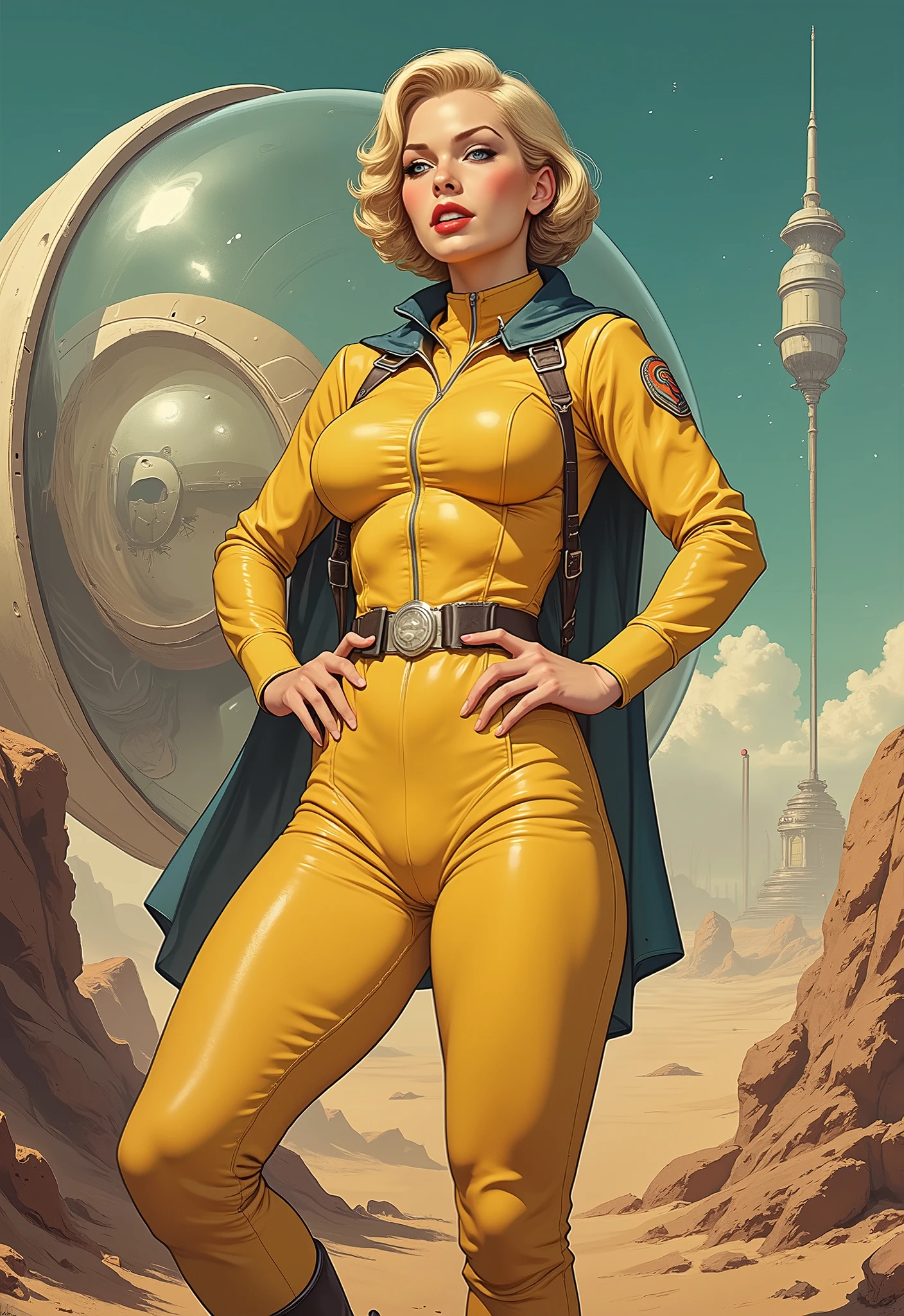 full body shot 。1940's pop art。beautiful pin-up girl。short blonde hair blue eyes red lips Barbarella astronaut girl large spherical glass helmet, yellow leather spacesuit, black leather boots on an alien planet